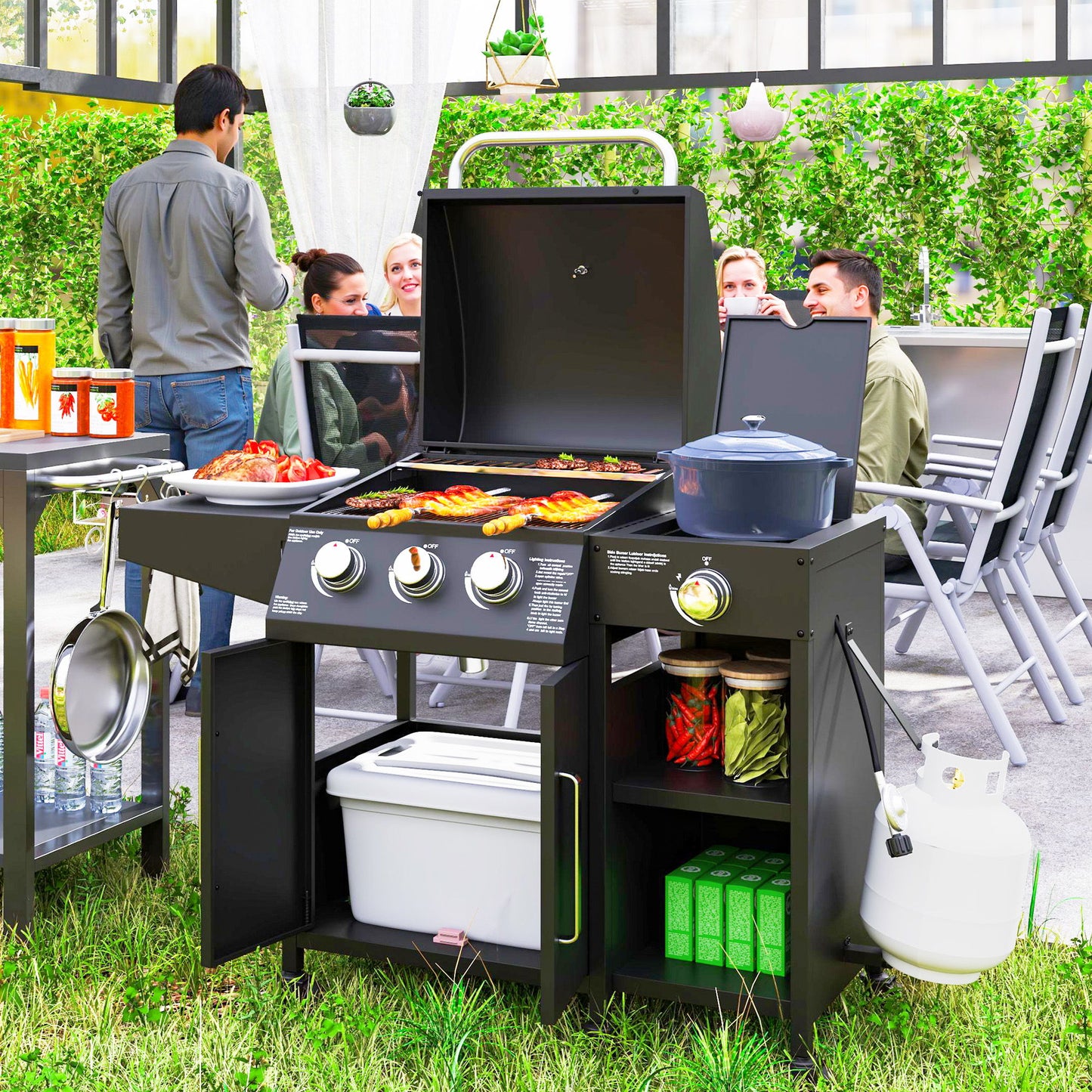 3 Burner Gas Grill with Side Burner, 9.5 KW Propane BBQ Grill, Cabinet Style with Shelves, Wheels, Instant Ignition