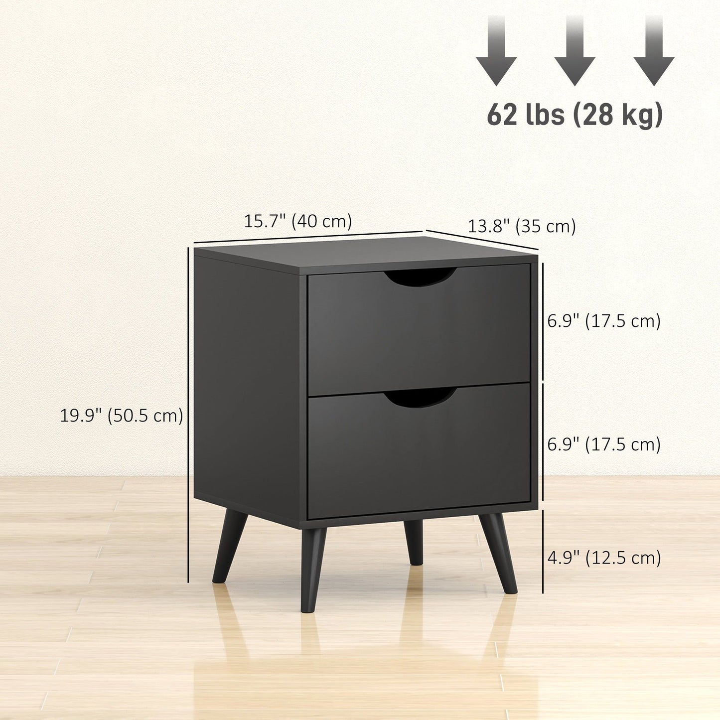 Nightstand Set of 2 with 2 Drawers and Pine Legs - Black