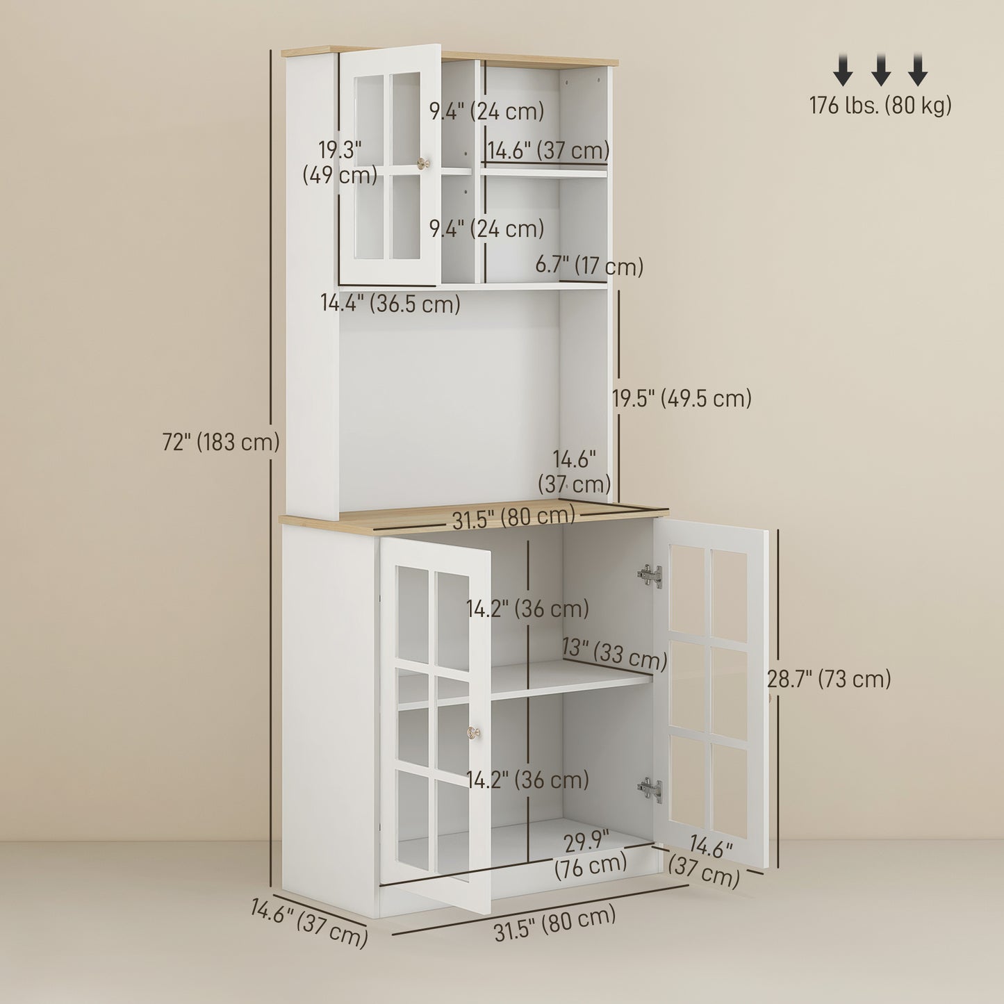 Kitchen Buffet with Hutch, Storage Pantry with 3 Cabinets, 2 Open Shelves and Large Countertop, White