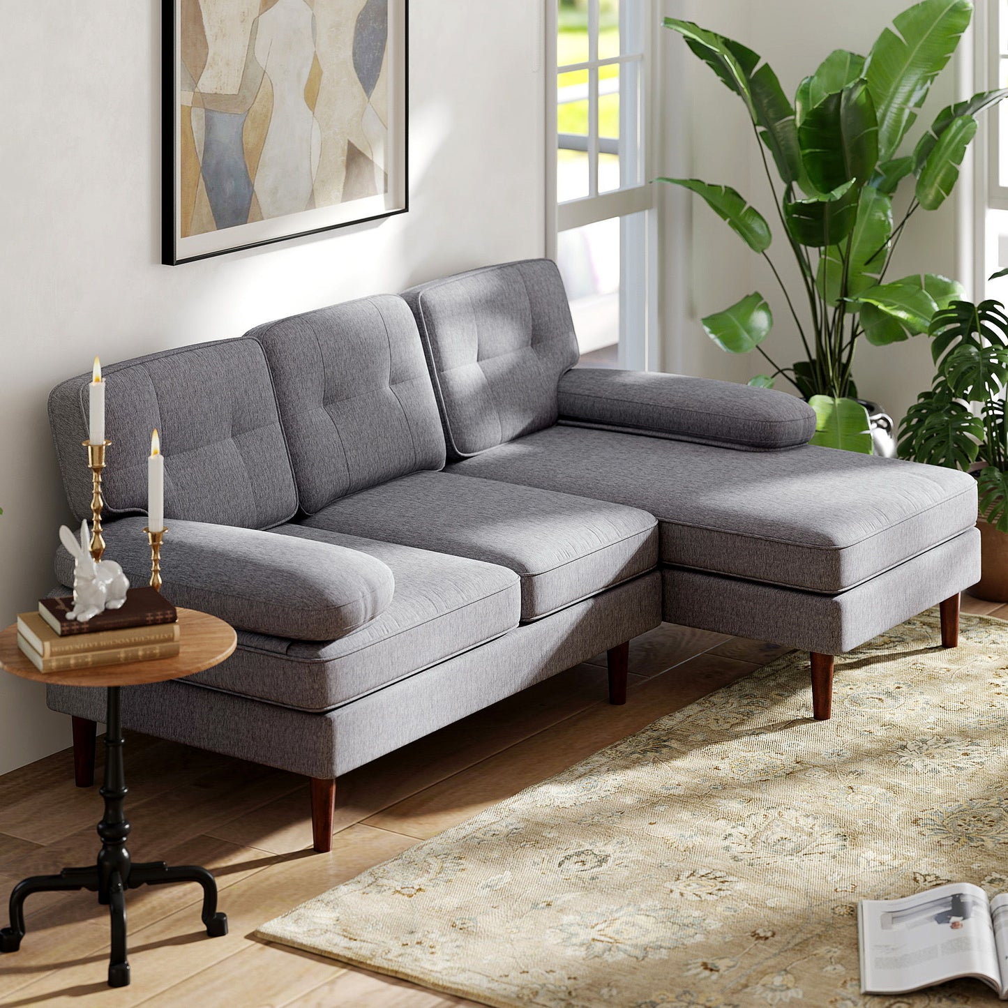 Modern Corner Couch with Right Chaise Lounge, Tufted 3-Seater Sofa with Wooden Legs for Living Room, Grey