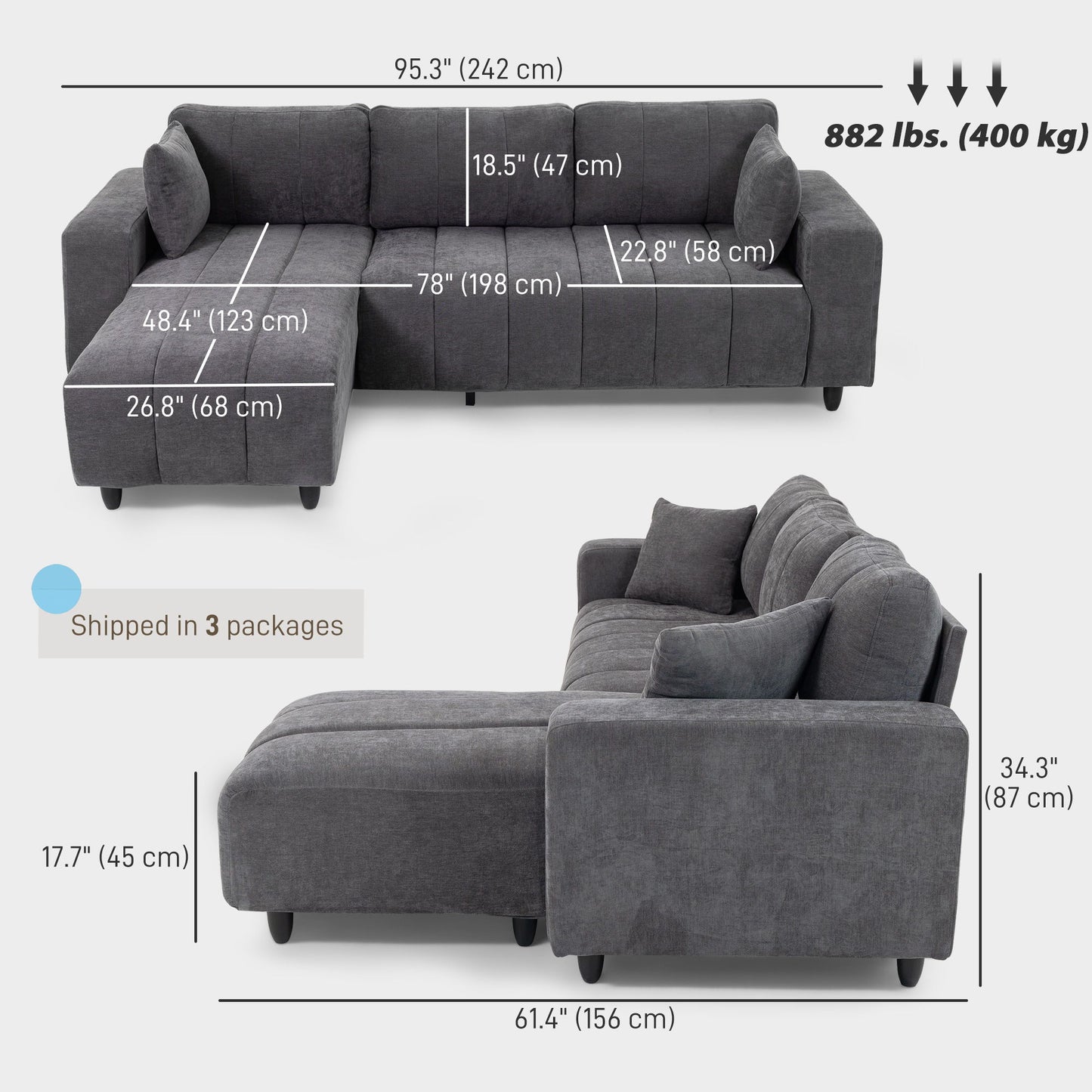 Sectional Couch with Integrated Seat, 3 Seater L-Shaped Sofa with Changeable Chaise, Spring Cushion, 2 Pillows, Grey