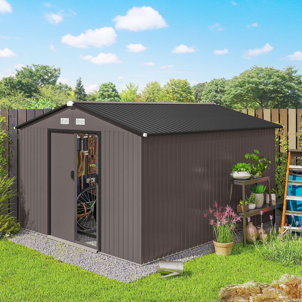 9' x 10.6' Garden Storage Shed w/ Foundation Kit Metal Tool Storage House w/ Double Doors Brown