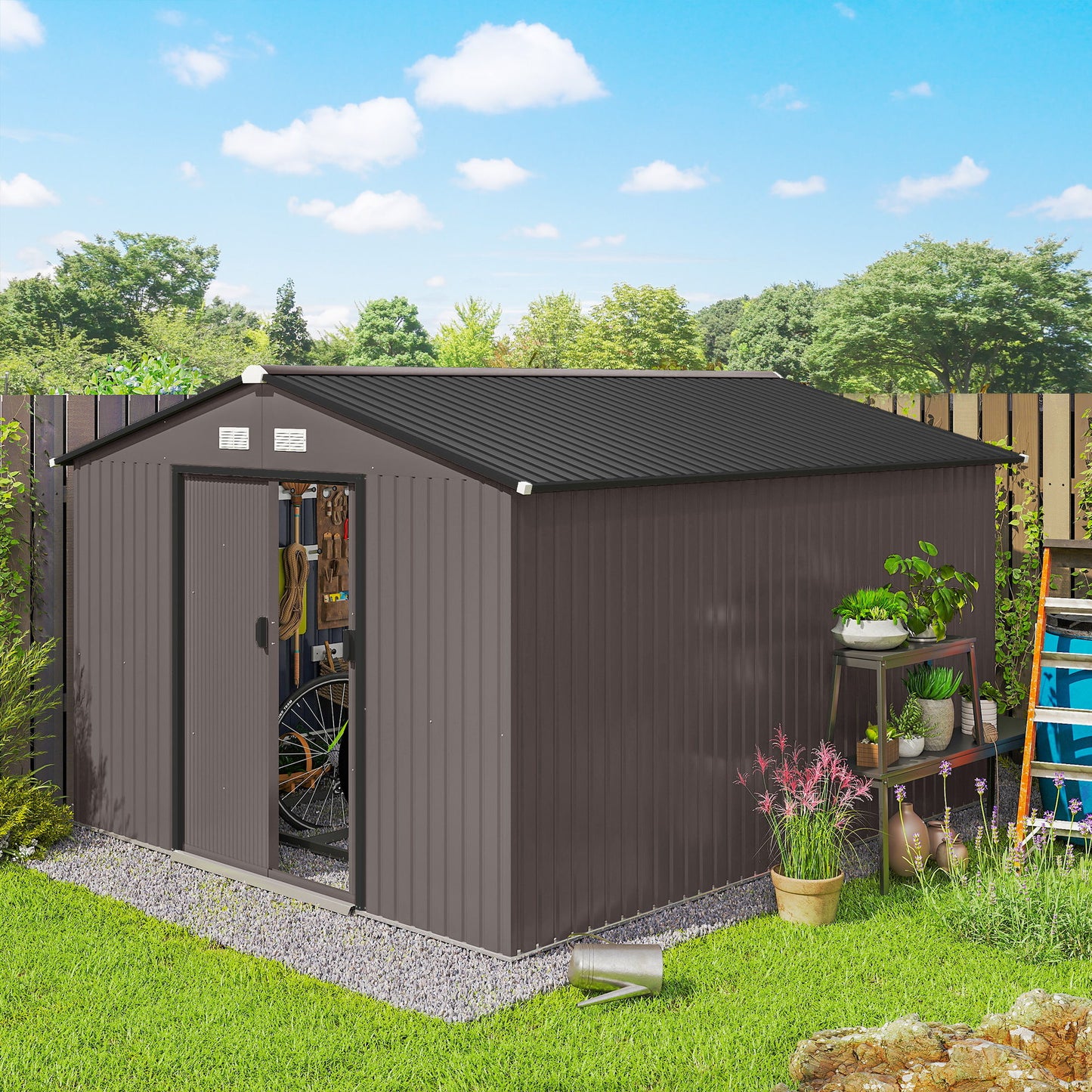 9' x 10.6' Garden Storage Shed w/ Foundation Kit Metal Tool Storage House w/ Double Doors Brown