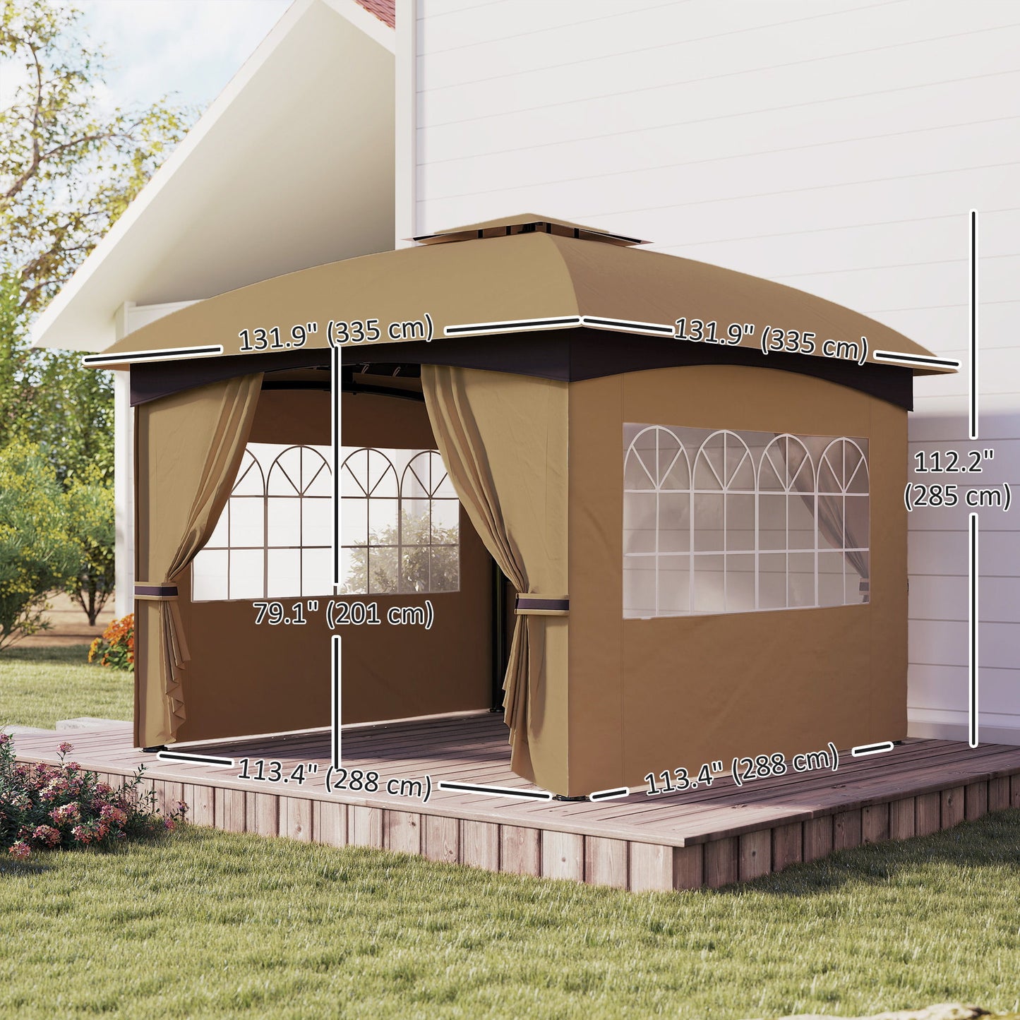 11' x 11' Outdoor Gazebo, Double Roof Patio Gazebo Canopy with Curtains, Church Windows, Galvanised Steel Frame, Beige