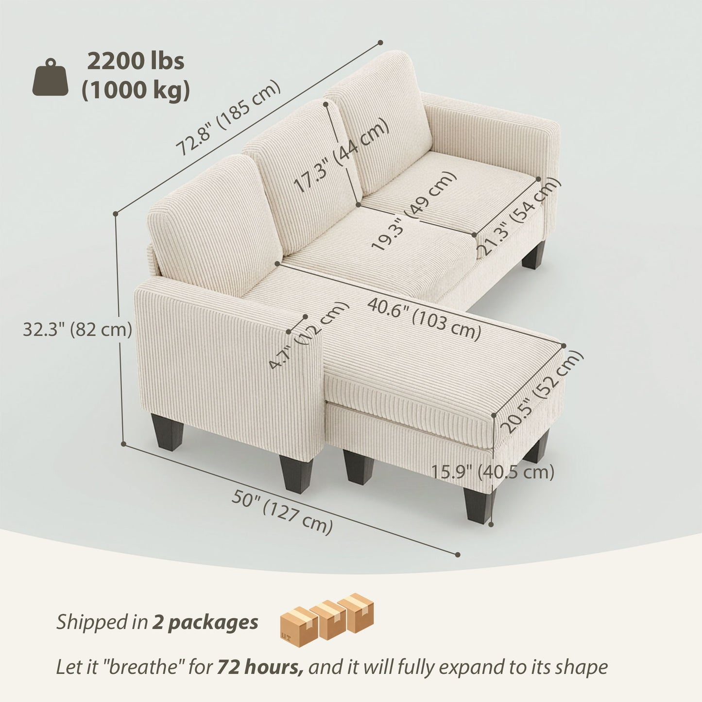 Sectional Sofa, L Shaped Couch, with Changeable Chaise or Ottoman, Cream White