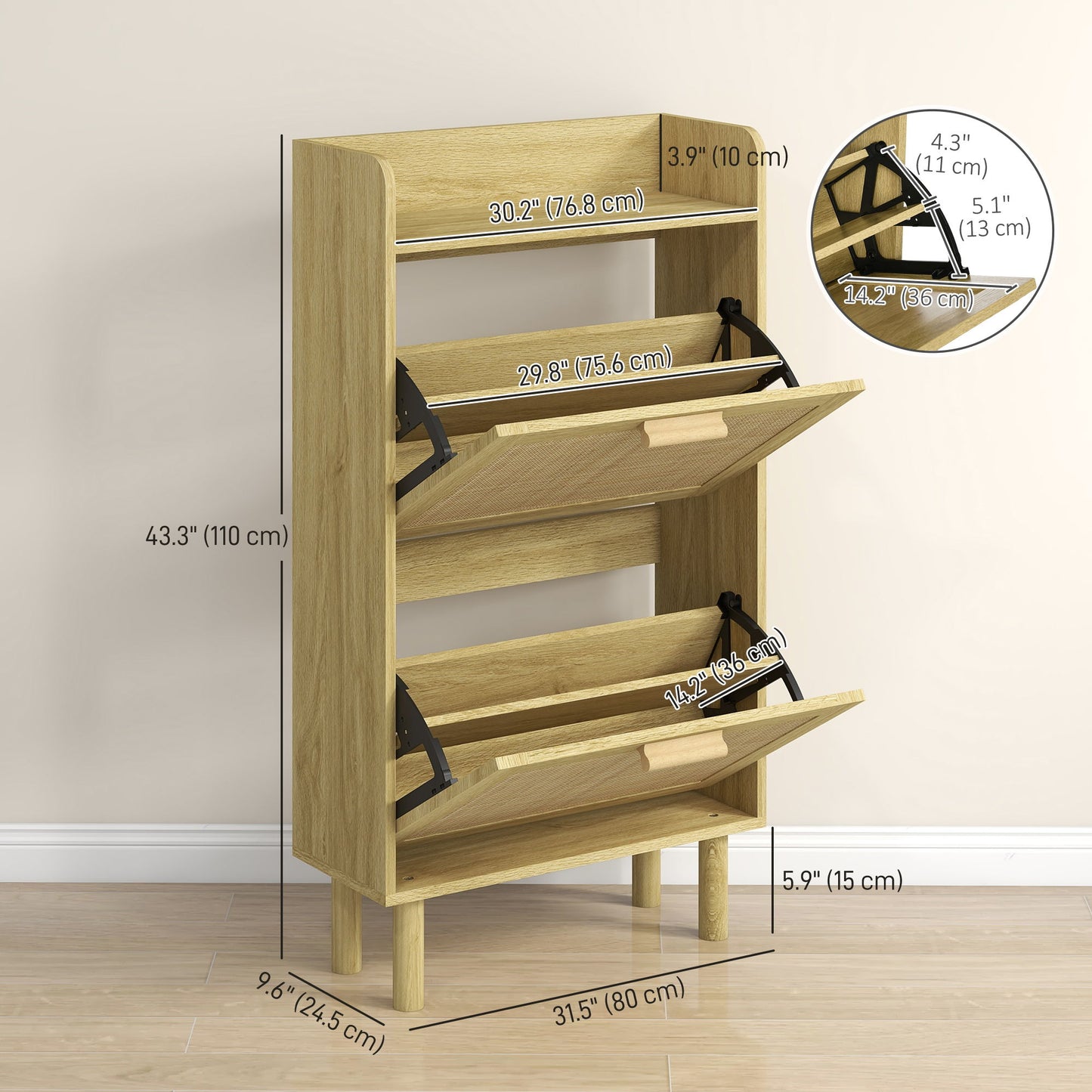 Slim Shoe Storage with 2 Flip Drawers and Adjustable Shelves, Rattan Shoe Cabinet Organizer for 12 Pair, Oak