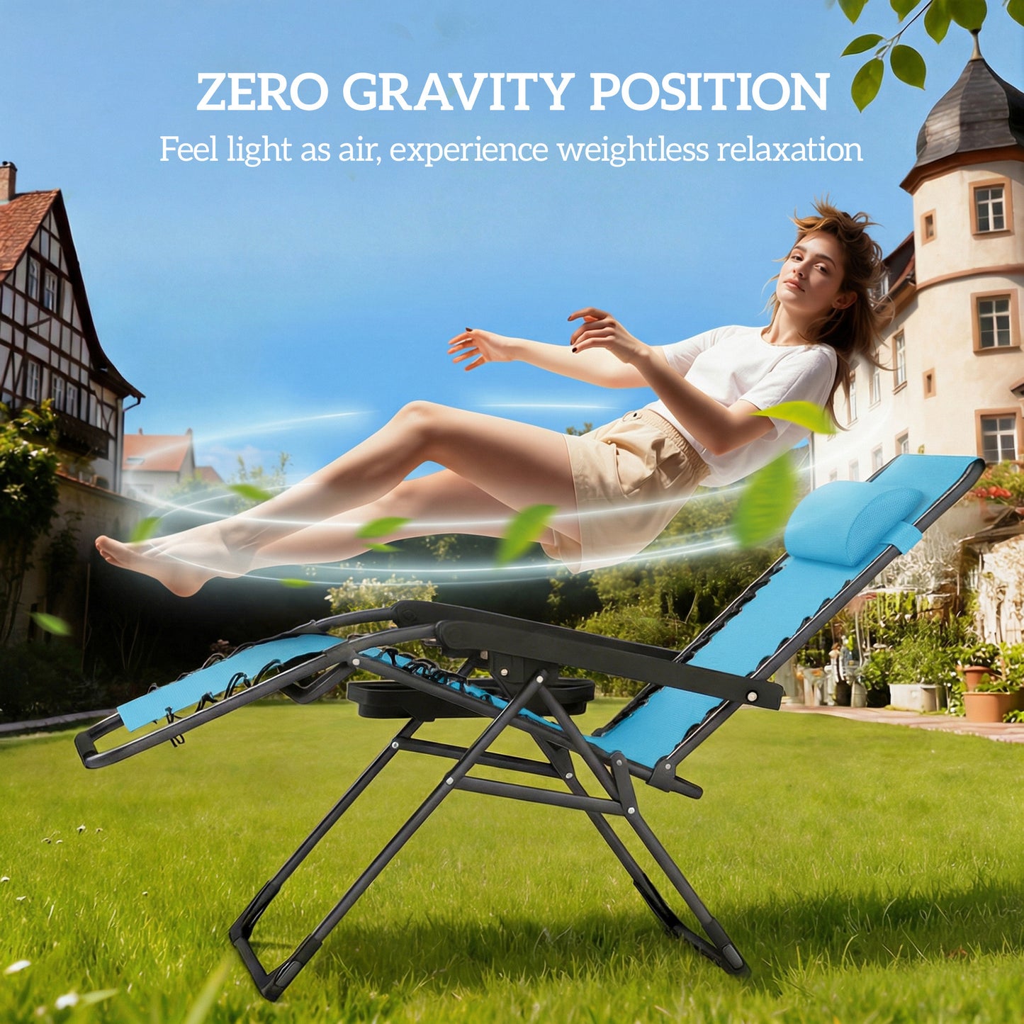 Zero Gravity Chair Set of 2, Folding Reclining Outdoor Lounge Chair with Cup Holder, Headrest, Sky Blue