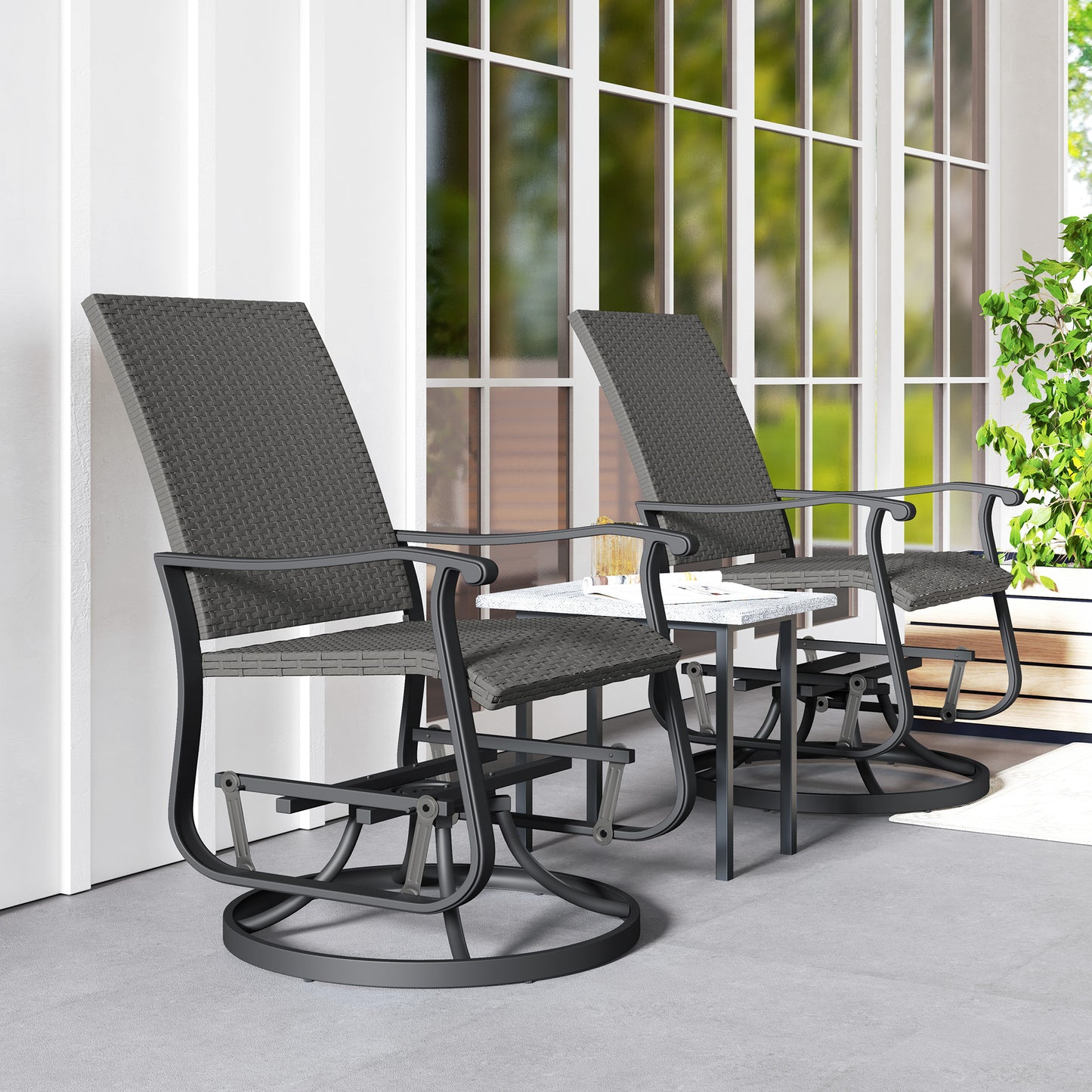 Set of 2 Rattan Patio Glider, Wicker Outdoor Glider Swivel Chair with Steel Frame, High Back for Backyard Porch, Grey