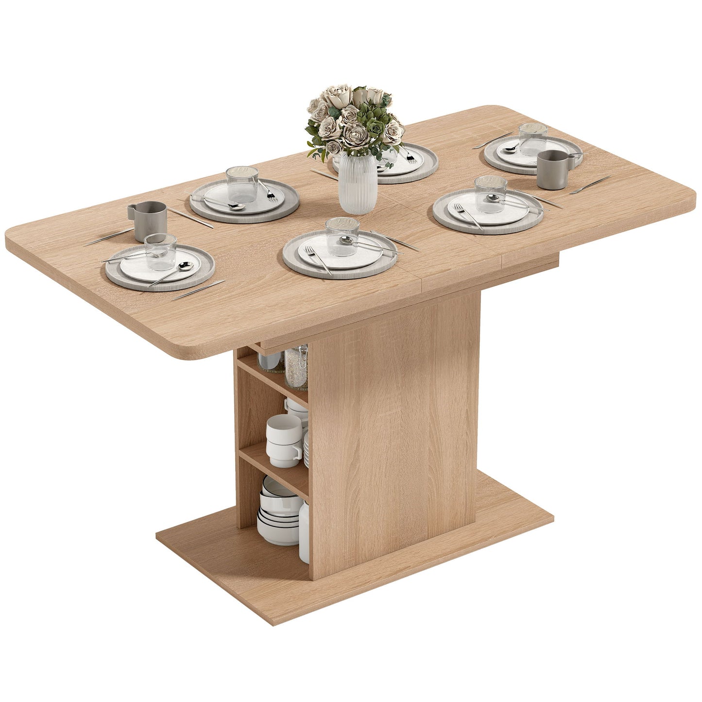 Extendable Dining Table for 4-6 People, 43.3"-51.2" Kitchen Table with 6 Open Shelves, Natural Wood