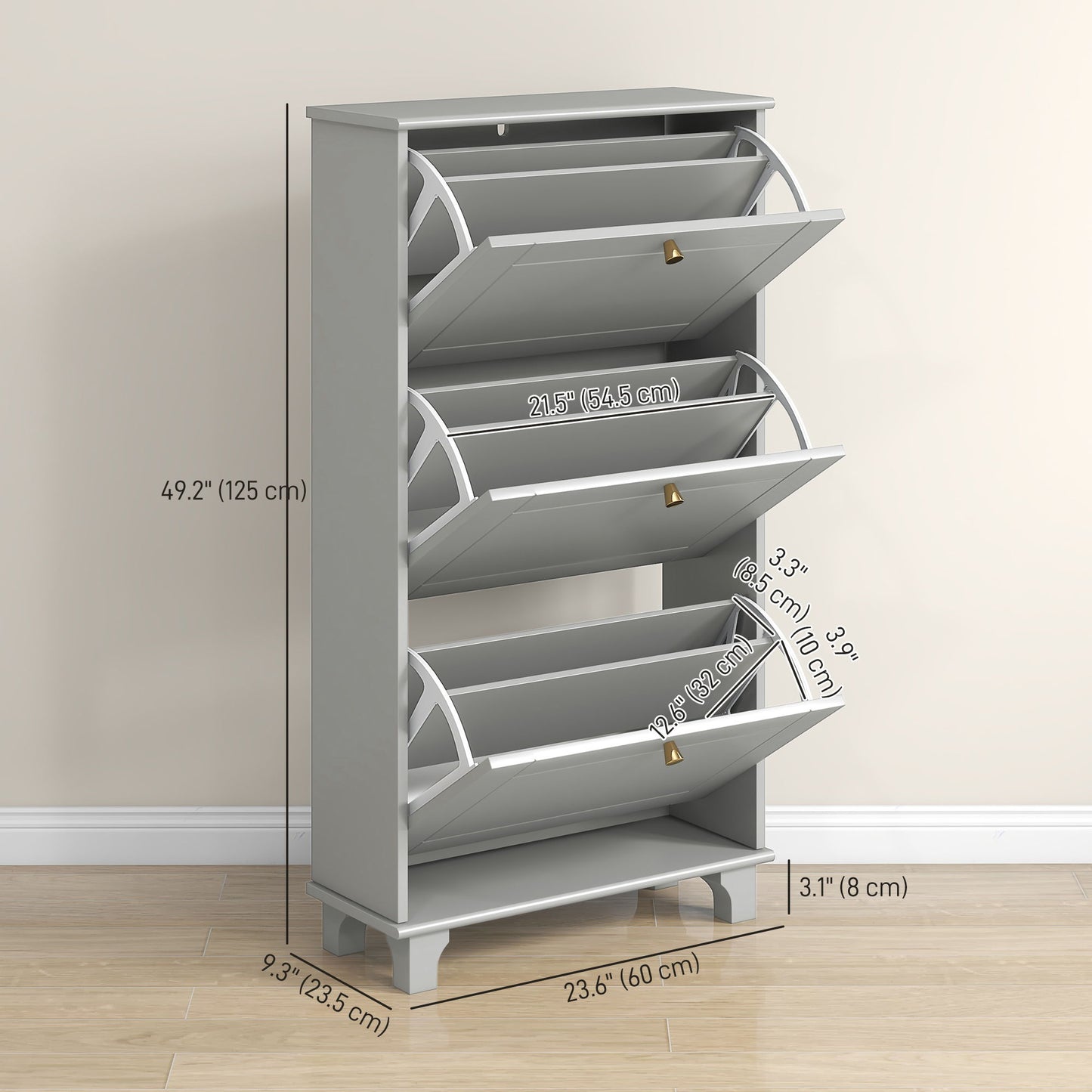 Narrow Shoe Storage with 3 Flip Drawers and Adjustable Shelves, Shoe Cabinet Organizer for 12 Pairs of Shoes, Grey