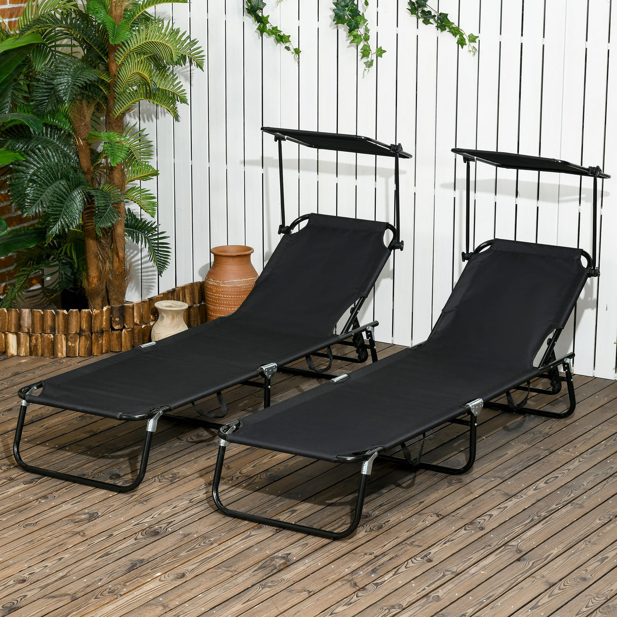 2 Piece Folding Outdoor Chaise Lounges, Pool, Sun, Tanning Chairs with Reclining Back, Sunshade for Beach, Patio, Black