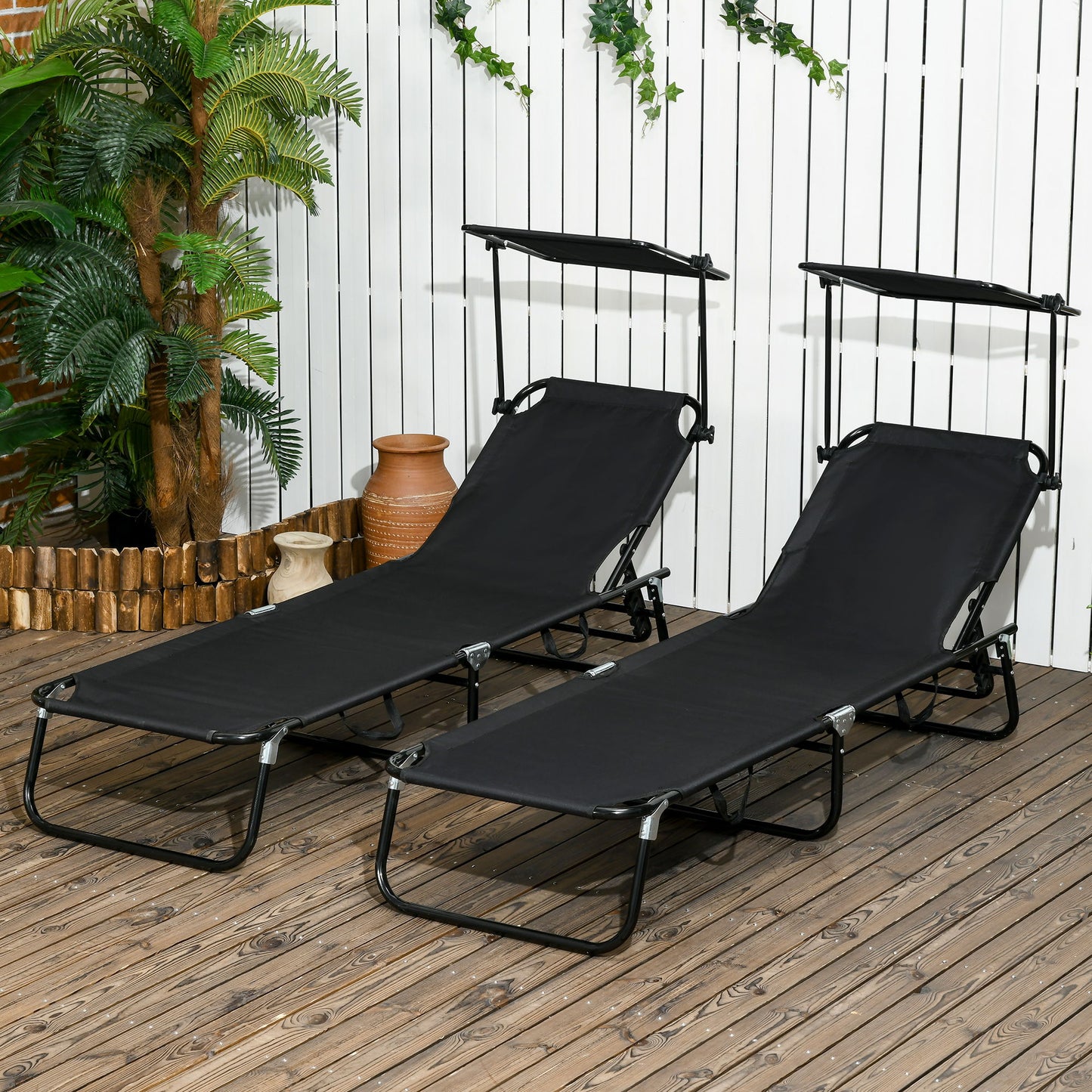 2 Piece Folding Outdoor Chaise Lounges, Pool, Sun, Tanning Chairs with Reclining Back, Sunshade for Beach, Patio, Black