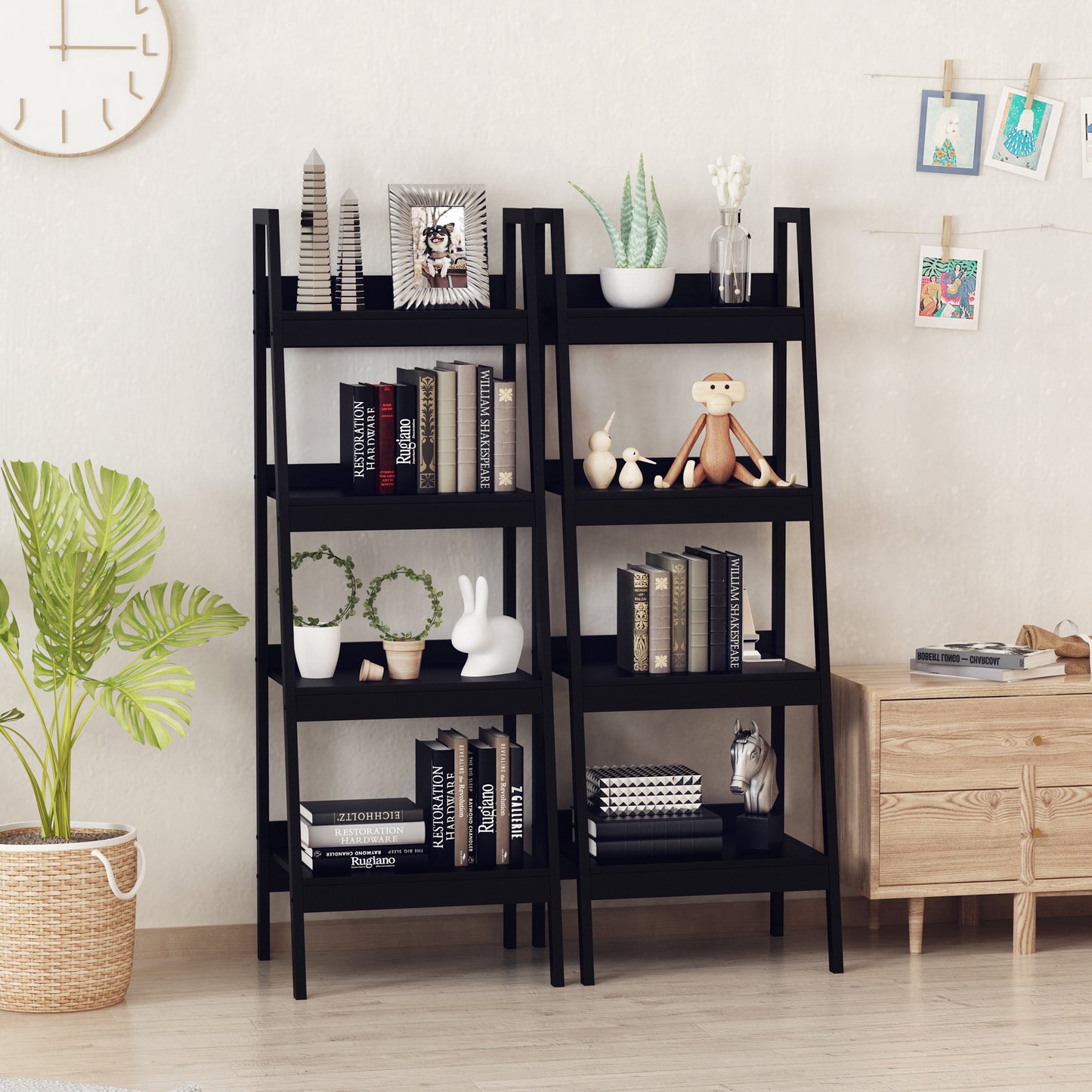 Set of 2, 4 Tier Ladder Shelf Bookcase, Multi-Use Display Rack, Storage Shelving Unit Display Stand, Flower Plant Stand, Home Office Furniture, Black