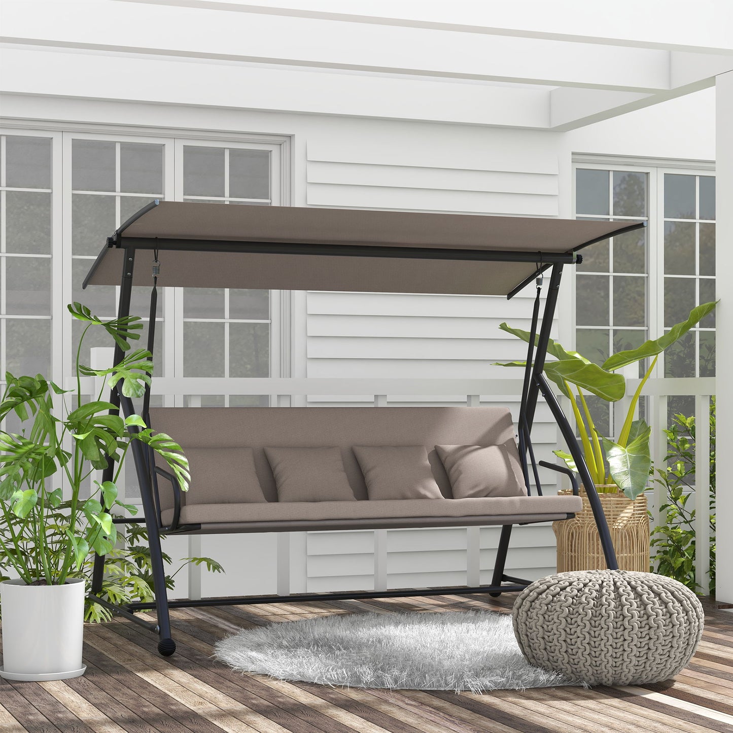 3 Seater Porch Swing Convertible Swing Chair Bed Cushioned Light Brown
