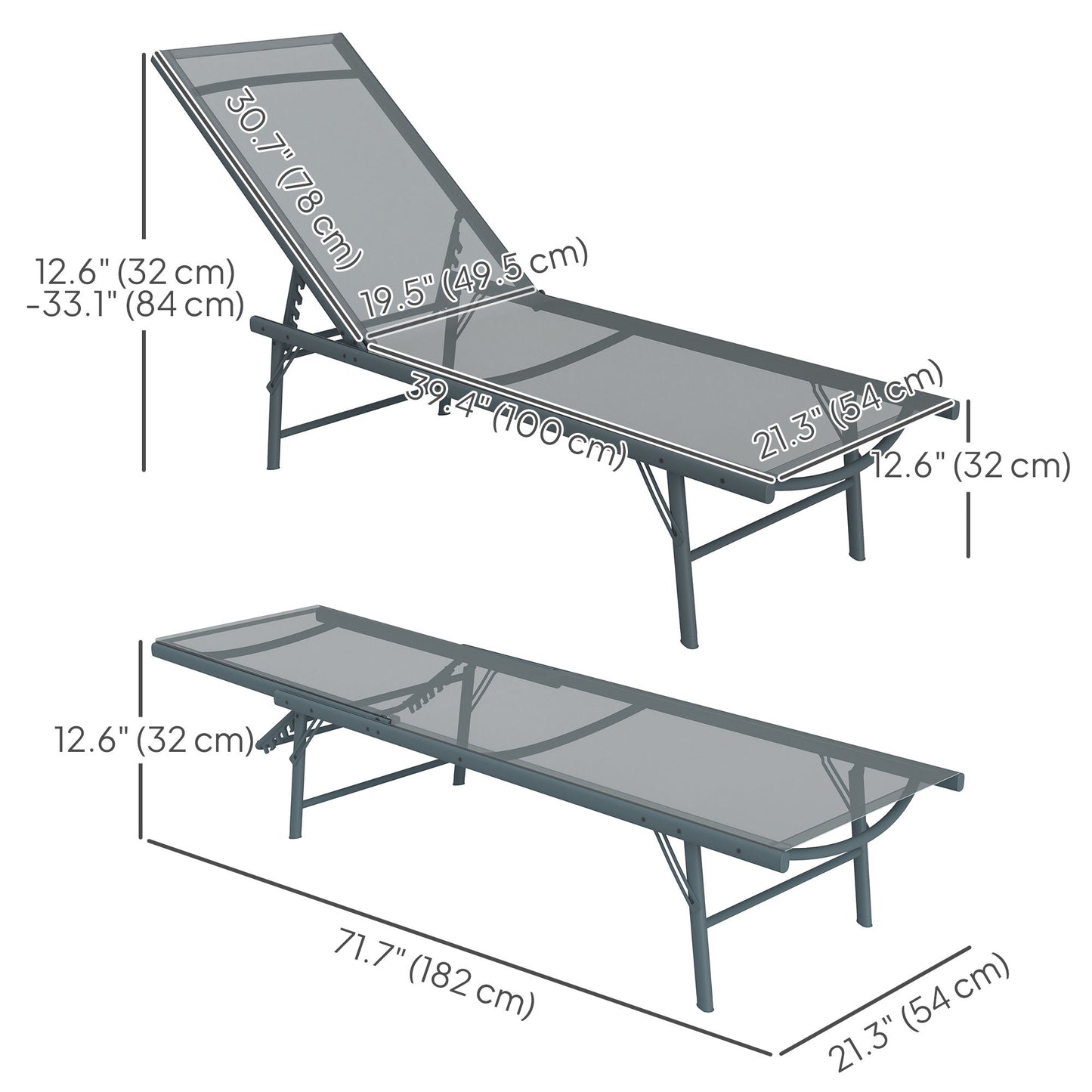 Folding Outdoor Lounge Chair, Reclining Chaise Lounge Tanning Chair w/ Adjustable Back, Mesh Seat, Light Grey