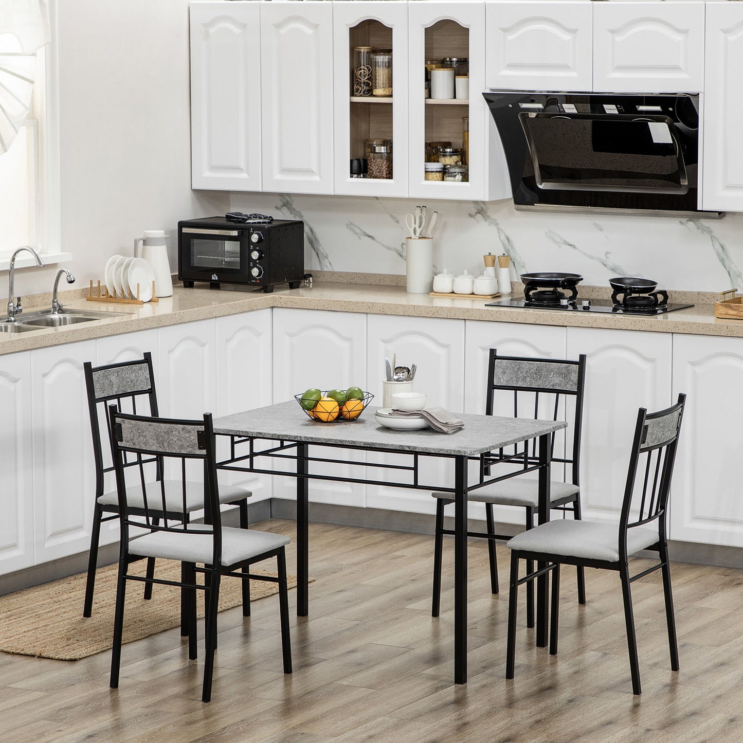 5 Pieces Diner Tables Dining Room Sets for 4 People with Marble Effect Tabletop Padded Chairs and Metal Frame Grey
