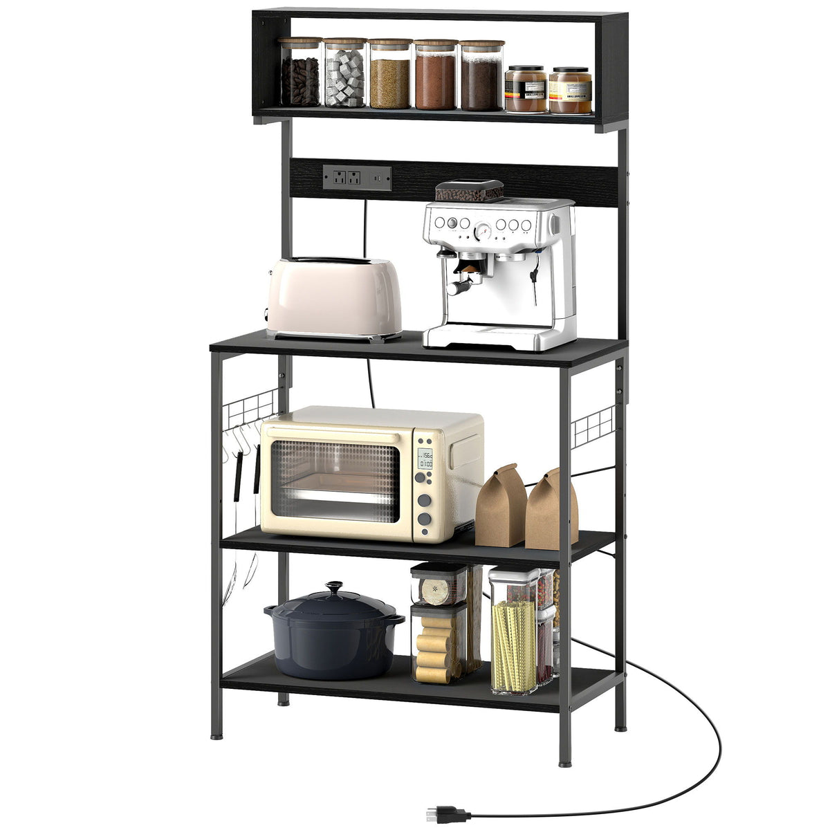 Baker's Rack with Charing Station, Microwave Shelf with Power Outlet, USB Charger and 5 Hooks, Black