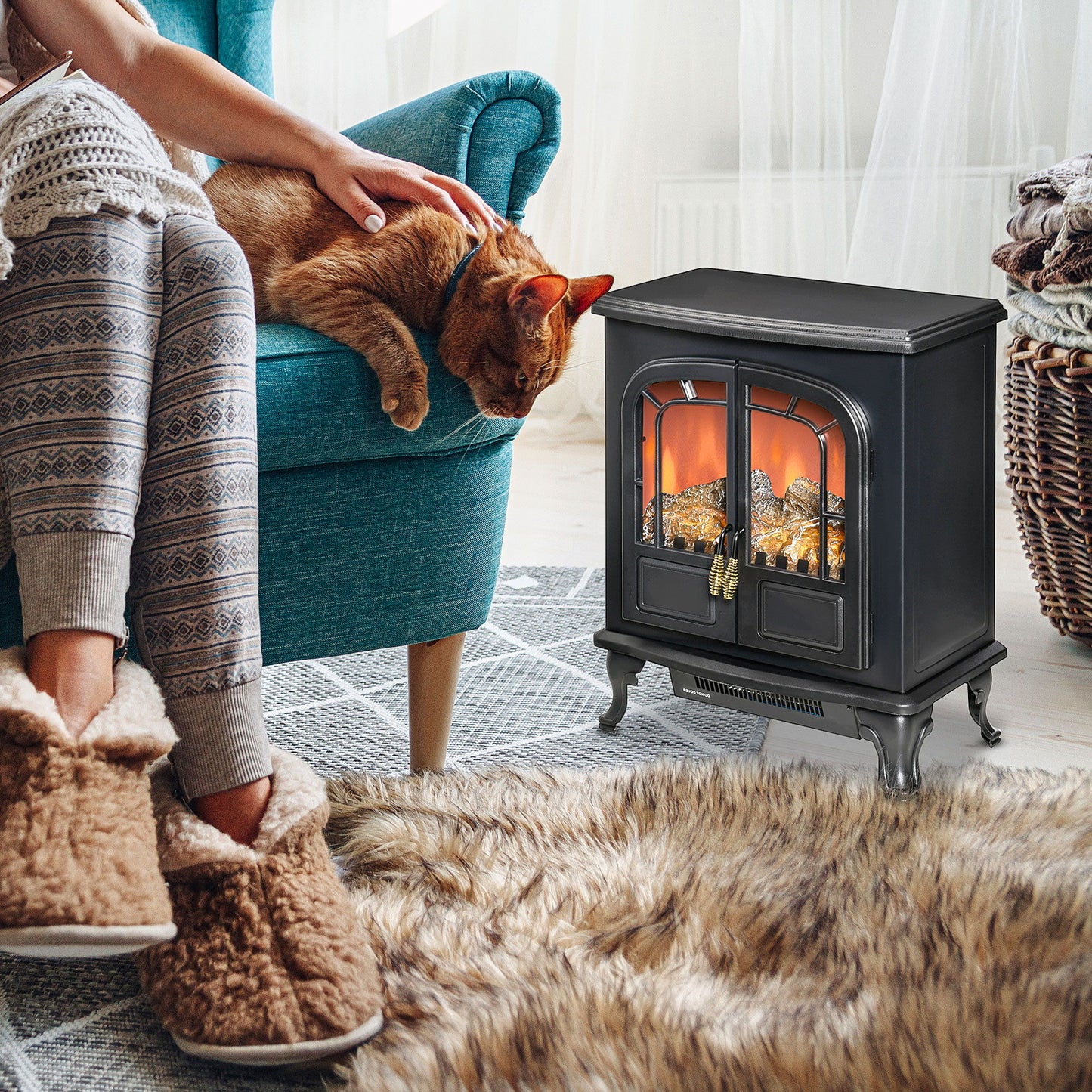 Electric Fireplace Stove Heater with LED Fire Flame Effect, Double Door, Freestanding & Portable with Overheat Protection, 750W/1500W, Black