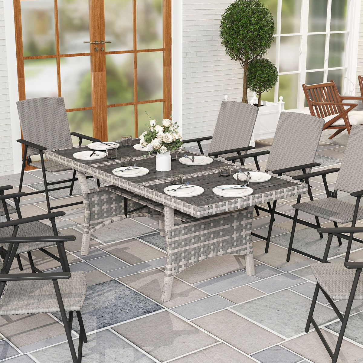 75" Outdoor Dining Table for 6-8, Wicker Patio Table with Storage Shelf and WPC Slatted Top for Balcony, Grey