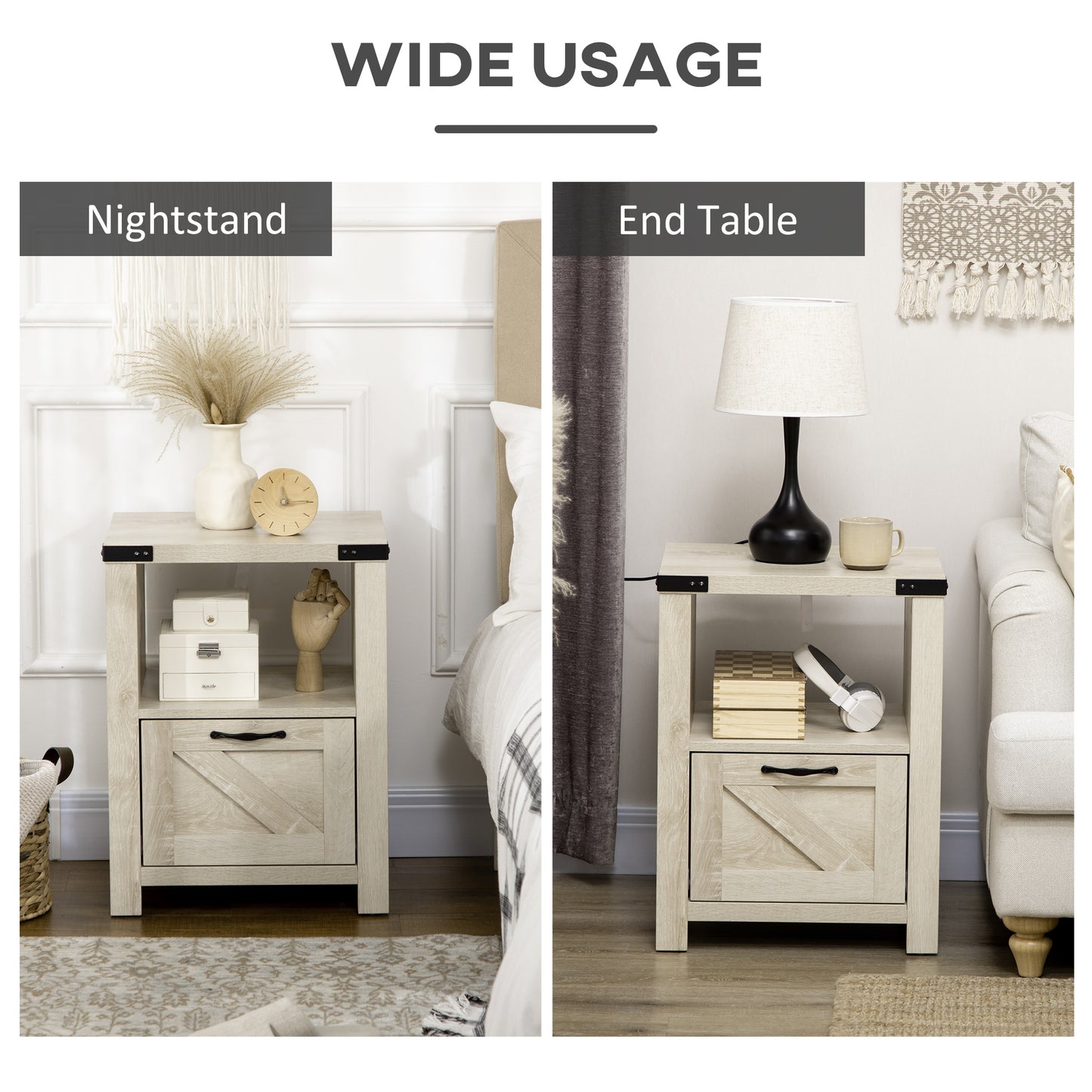Side Table with Storage, Farmhouse End Table with Drawer, Open Shelf and Barn-style Panel, Nightstand for Living Room, Bedroom, Oak