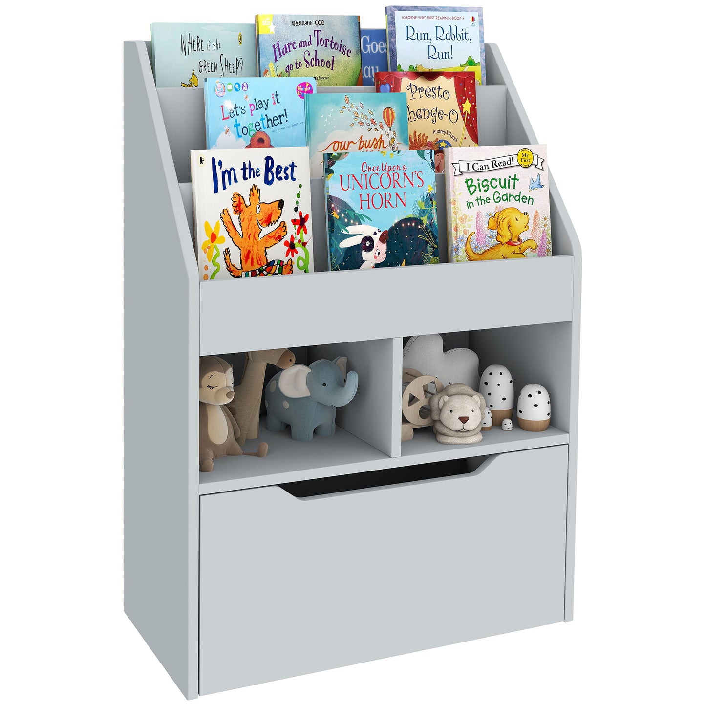 Kids Bookcase Multi-Shelf Rack Organizer with Storage Drawer for Books for Reading Nook, Classroom, Bedroom, Playroom, Grey