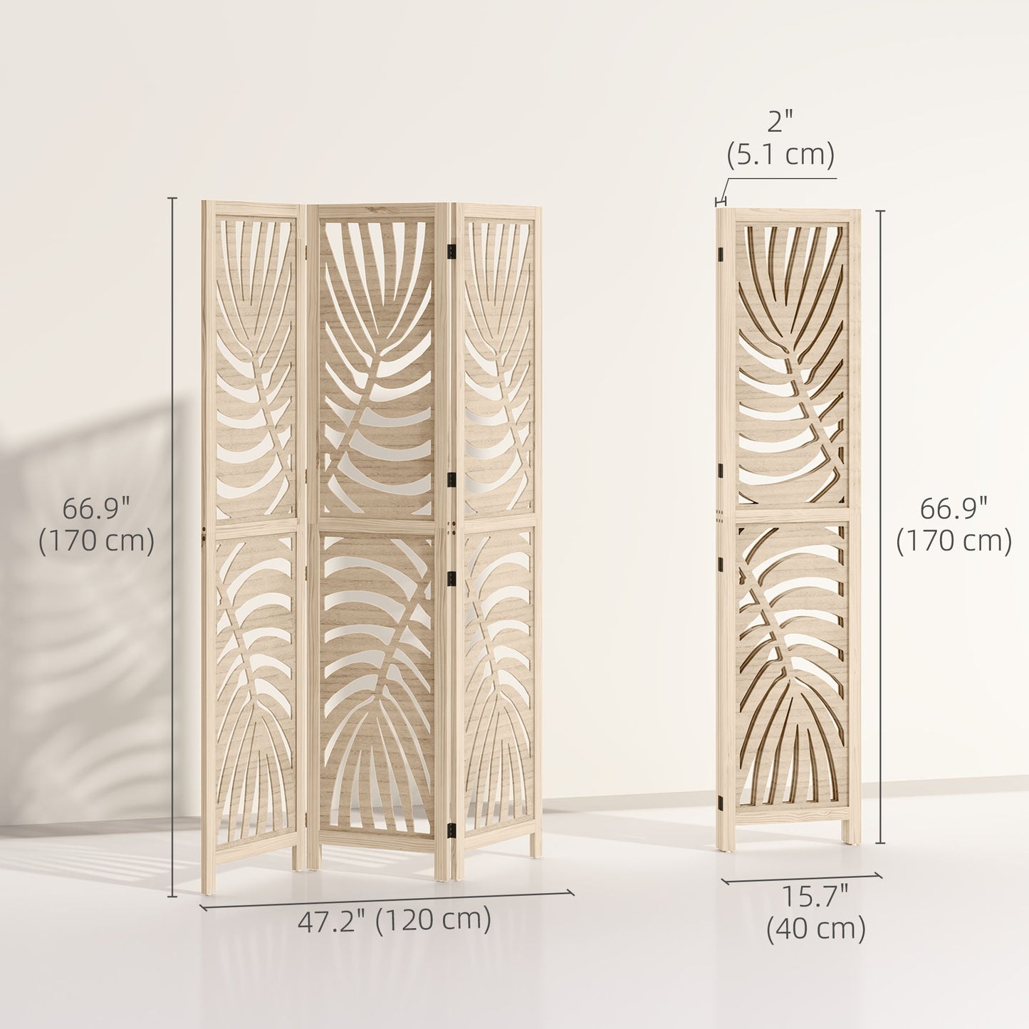 3 Panel Room Divider, Detachable Folding Privacy Screens with Palm Leaf Design for Home Office, Natural Wood Finish