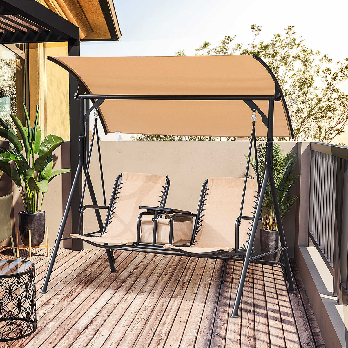 2 Person Covered Porch Swing Patio Swing with Pivot Storage Table, Cup Holder, & Adjustable Overhead Canopy, Beige