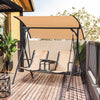 2 Person Covered Porch Swing Patio Swing with Pivot Storage Table, Cup Holder, & Adjustable Overhead Canopy, Beige