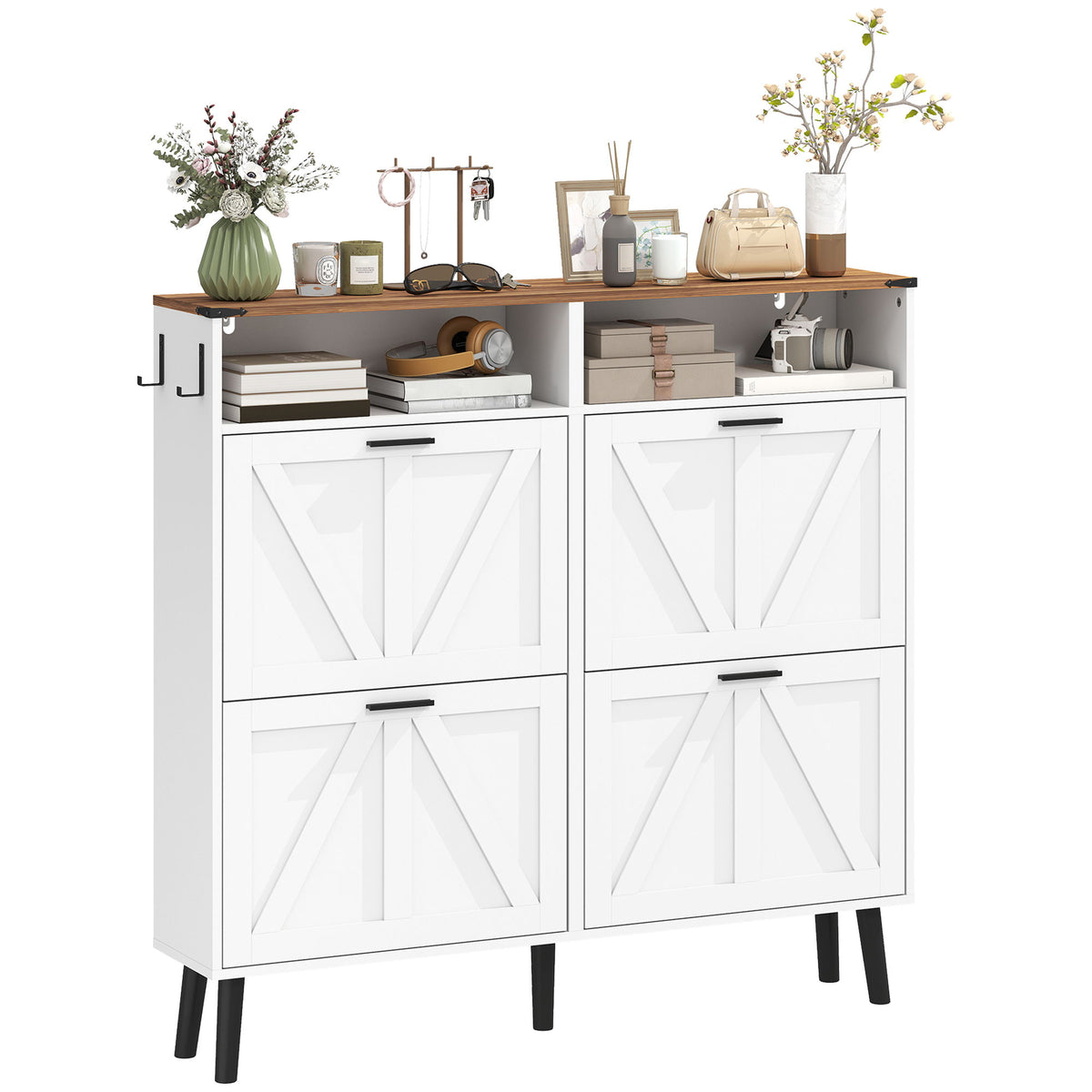 Shoe Storage Cabinet with 4 Flip Drawers, Farmhouse Narrow Shoe Cabinet, Holds Up to 24 Pairs, White