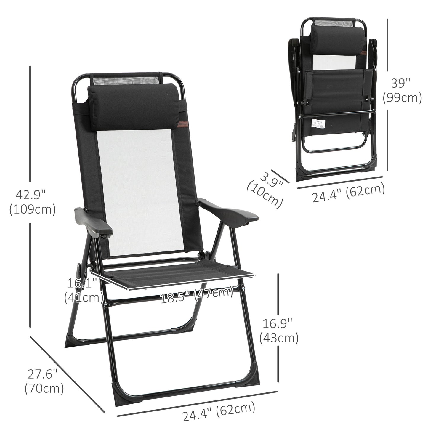 Double Camping Chairs Foldable w/ Reclining & Headrest, Black