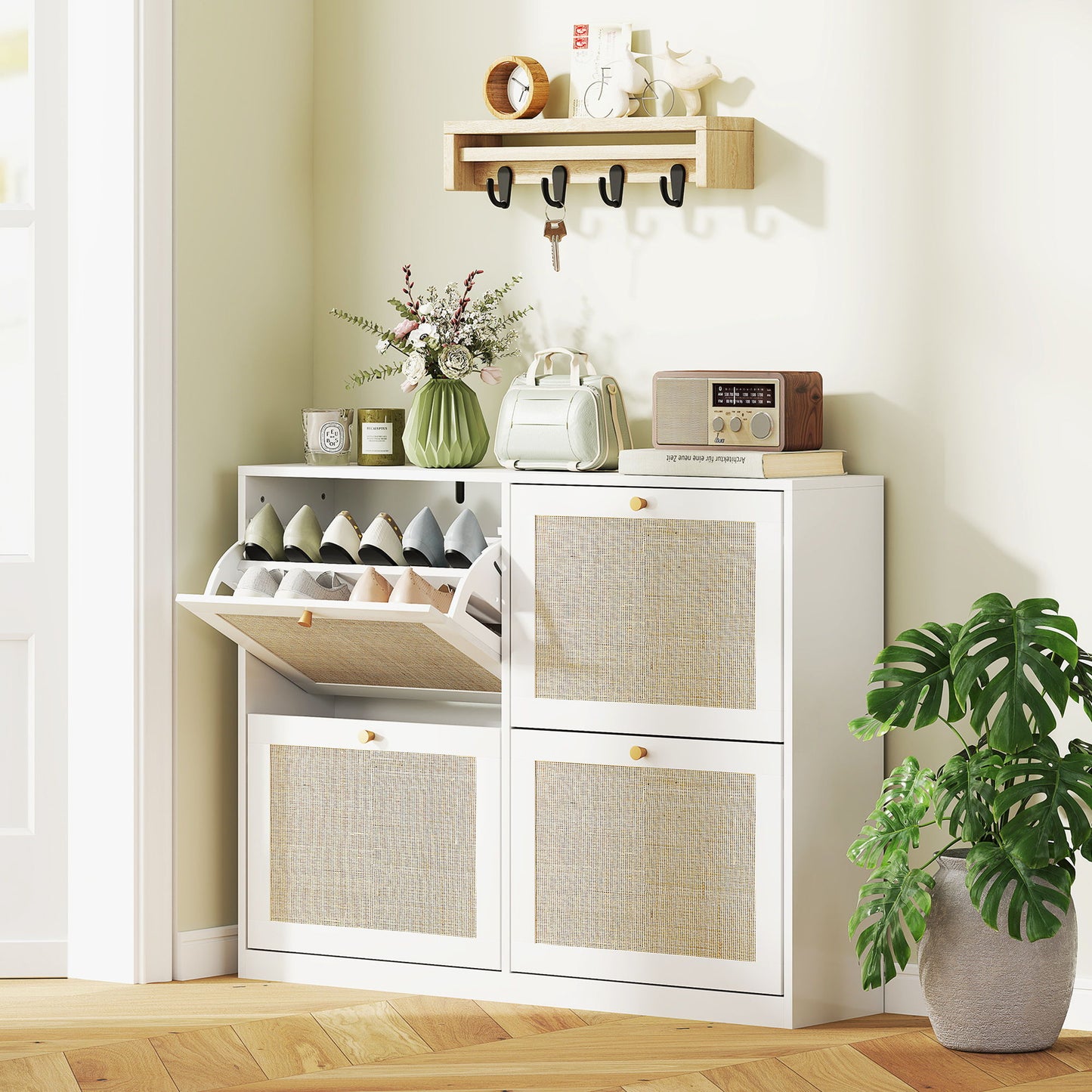 Narrow Shoe Storage Cabinet, Rattan Shoe Cabinet with 4 Flip Drawers and Adjustable Shelves for 20 Pairs, White