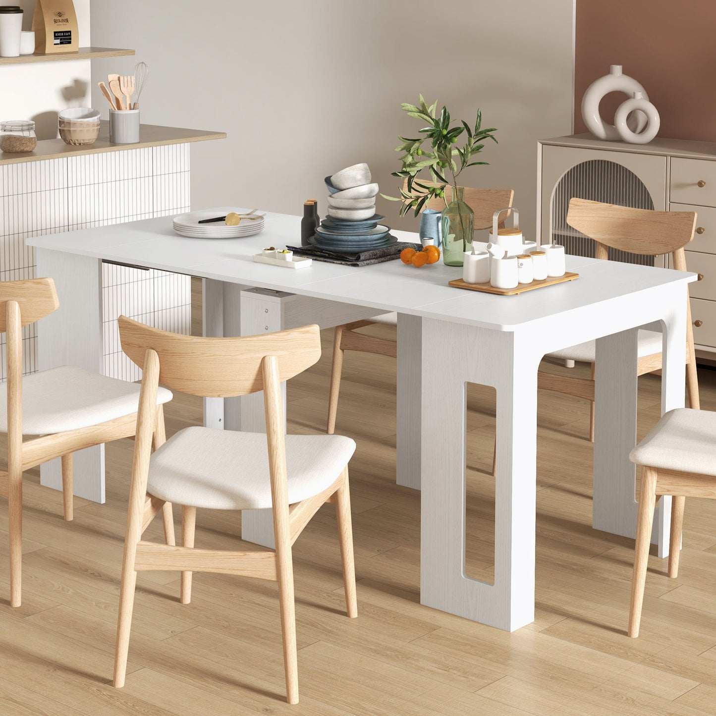 23.6"-70.9" Extendable Dining Table for 6-8 People, Space-Saving Rectangular Kitchen Table for Small Spaces, Dining Room, Kitchen, Living Room, White