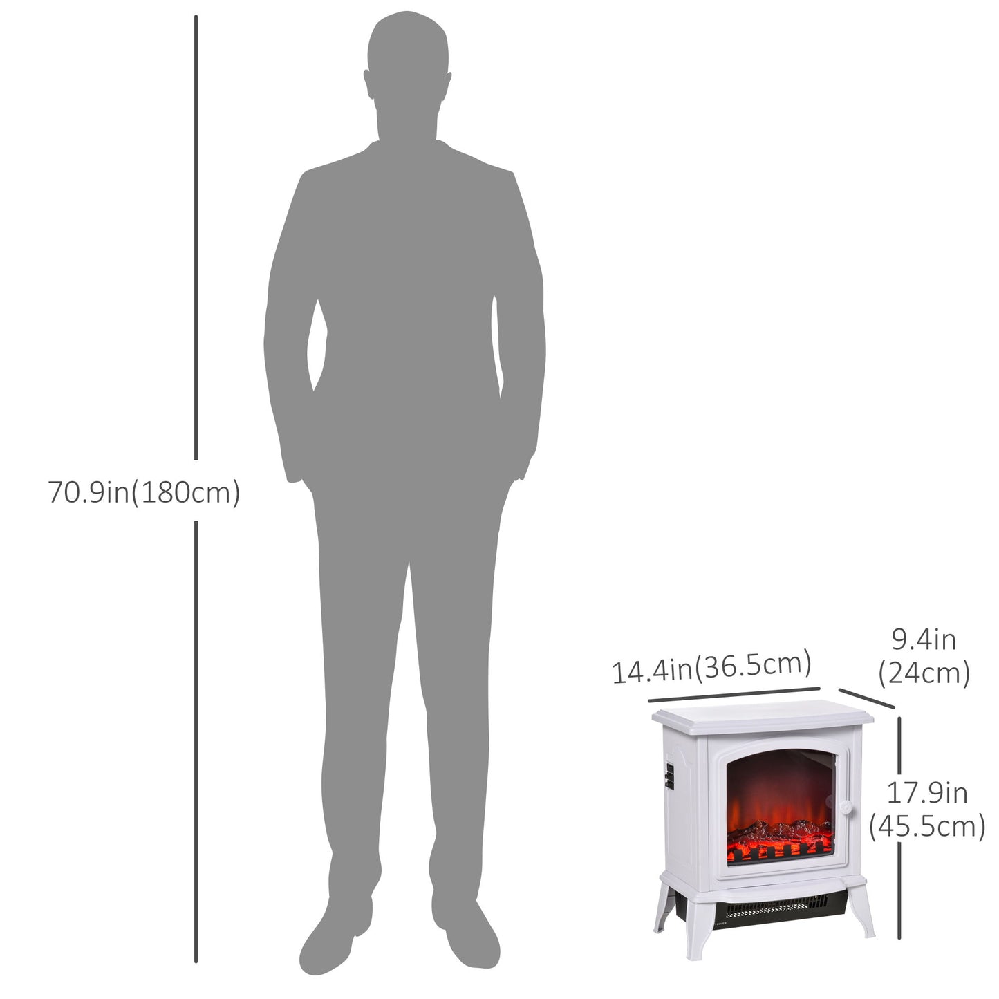 Electric Fireplace Heater, Freestanding Fireplace Stove with Realistic Flame Effect, Overheat Safety Protection, 750W/1500W, White