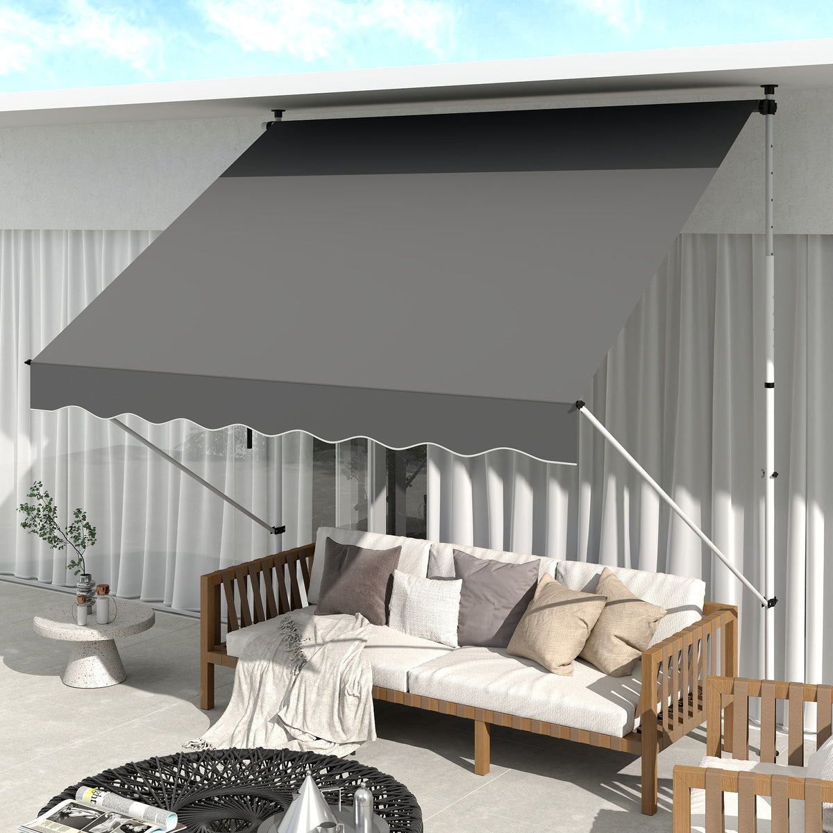 10x5ft Manual Retractable Awning, Patio Sun Shade Canopy Shelter with 5.6-9.2ft Support Pole, Water Resistant UV Protector, for Window, Door, Porch, Deck, Grey