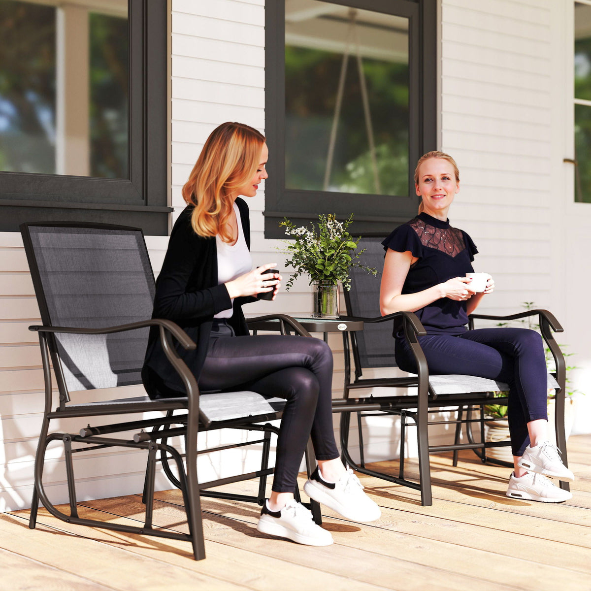 Double Patio Glider Chair with Glass Top Center Table, Outdoor Glider Loveseat with High Back, All Weather Breathable Mesh Fabric for Garden, Backyard, Deck, Grey
