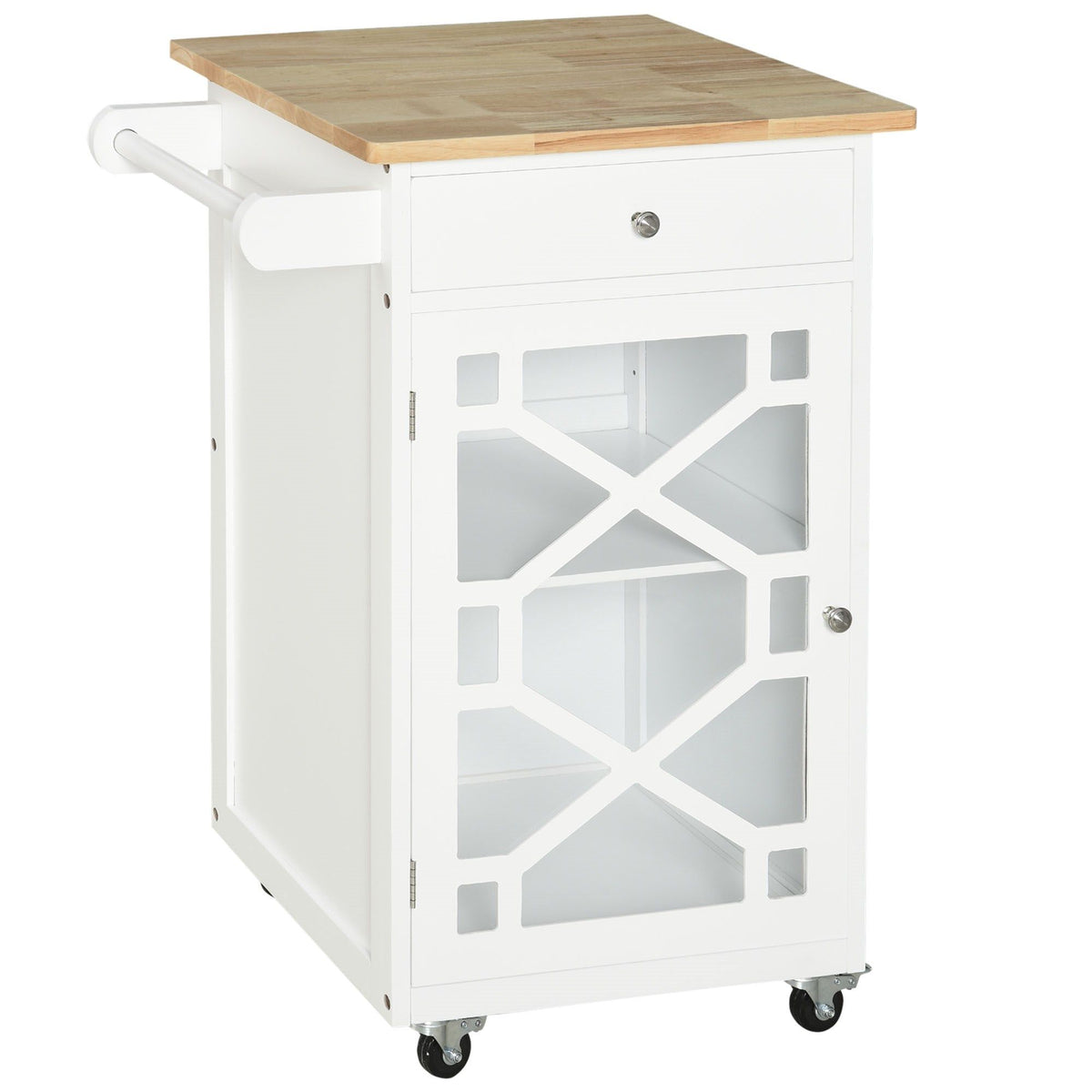 Rolling Kitchen Cart with Drawer and Glass Door - White