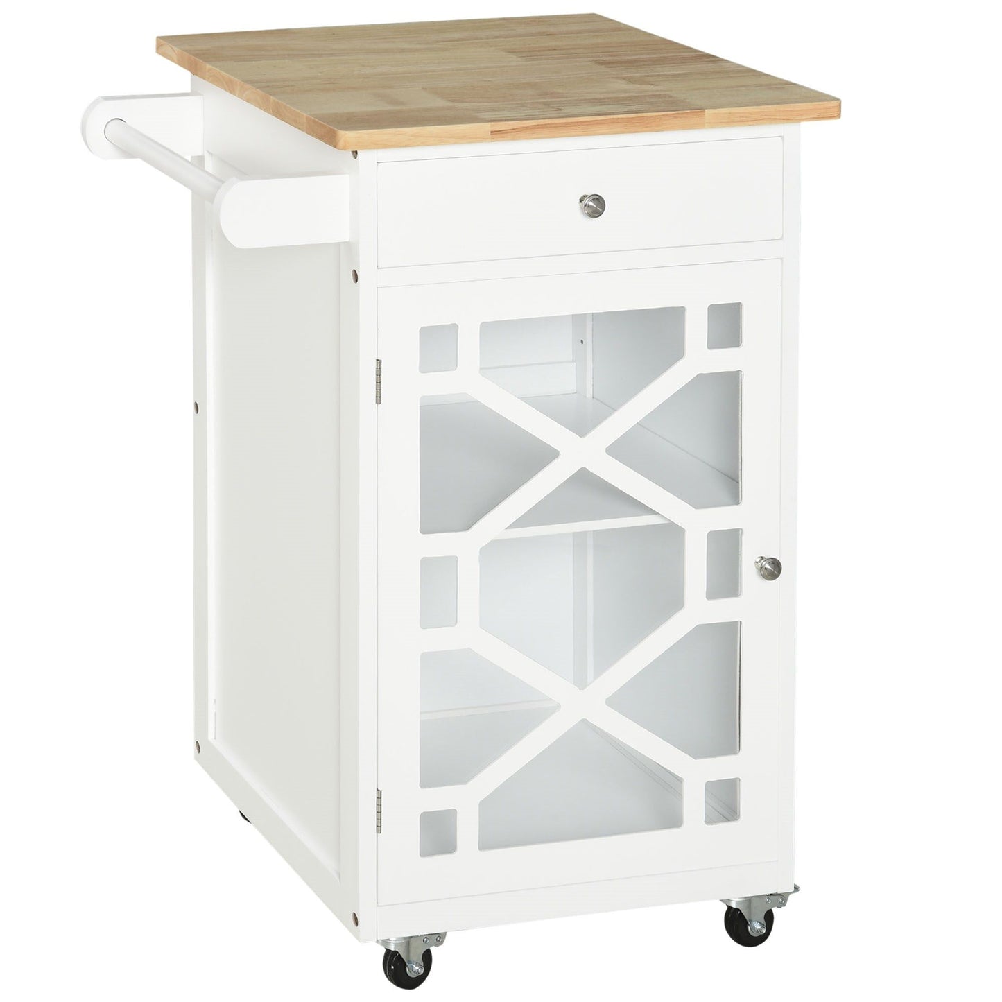 Rolling Kitchen Cart with Drawer and Glass Door - White