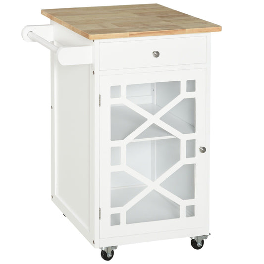 Rolling Kitchen Cart with Drawer and Glass Door - White