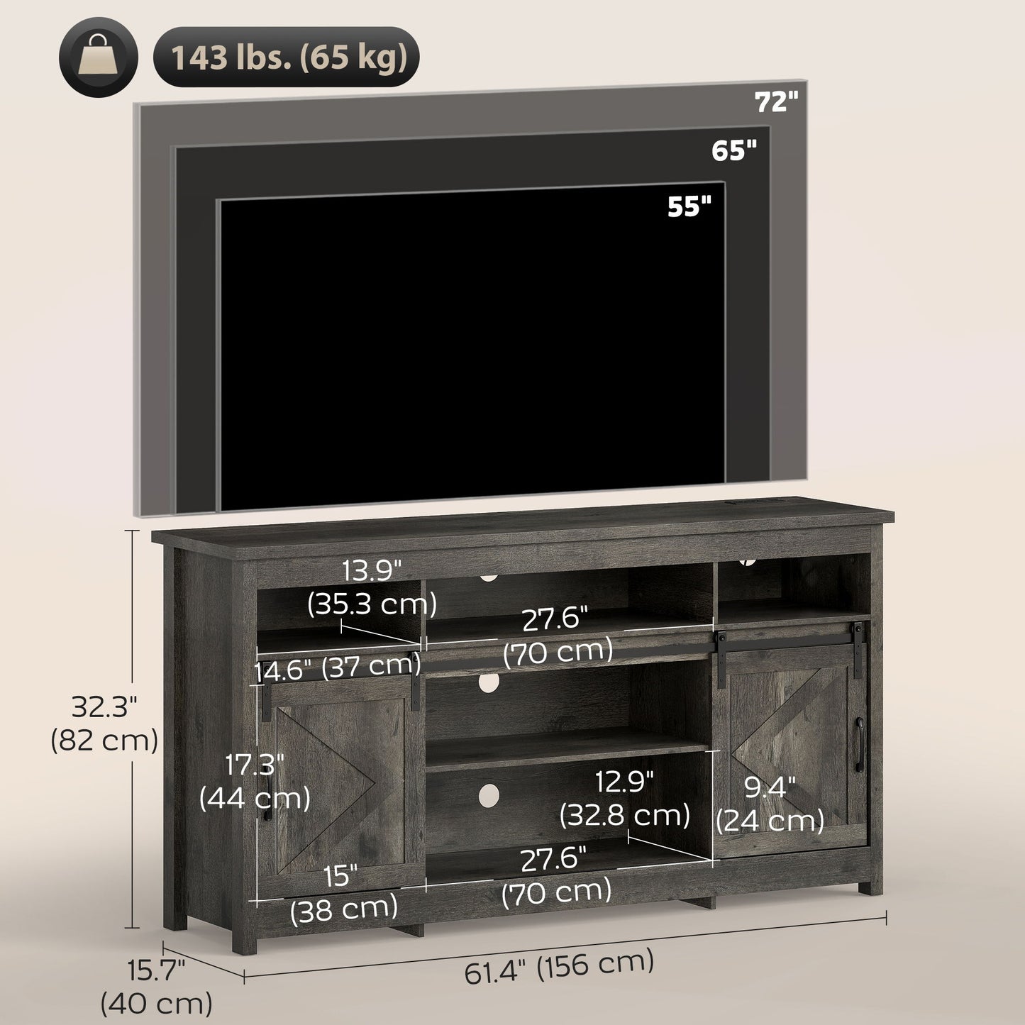 TV Stand with Power Outlets, Sliding Barn Doors and Adjustable Shelves for 72 Inch TVs, Dark Grey