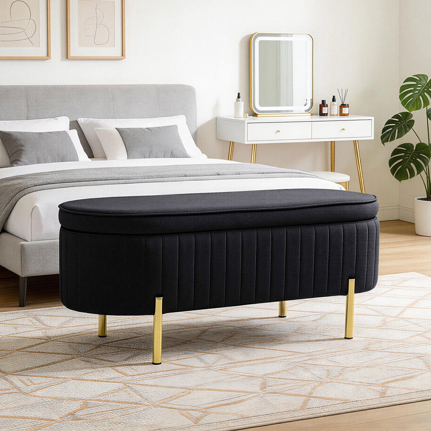 Upholstered Bedroom Bench, Channel Tufted Ottoman Bench with Thick Padding and Metal Legs, Black