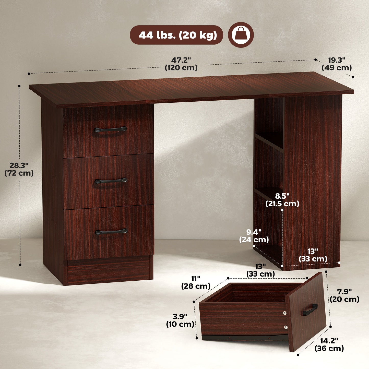 Computer Desk, 47" Writing Table with 3-Tier Shelves and 3 Reversible Drawers for Home Office, Bedroom, Walnut