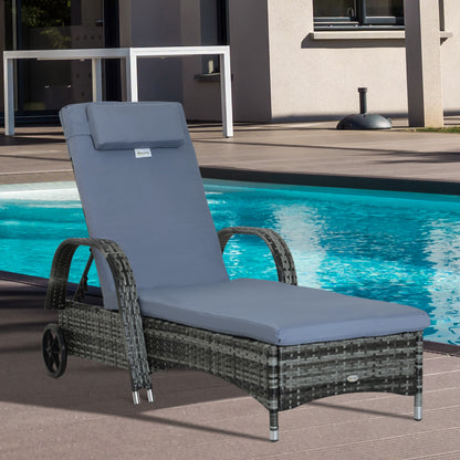 Wicker Chaise Lounge, Outdoor Lounge Chair, PE Rattan Patio Sun lounger with Head-rest, 5-Level Height Adjust Backrest, Cushion, & Wheels, Mixed Grey and Grey - Grey