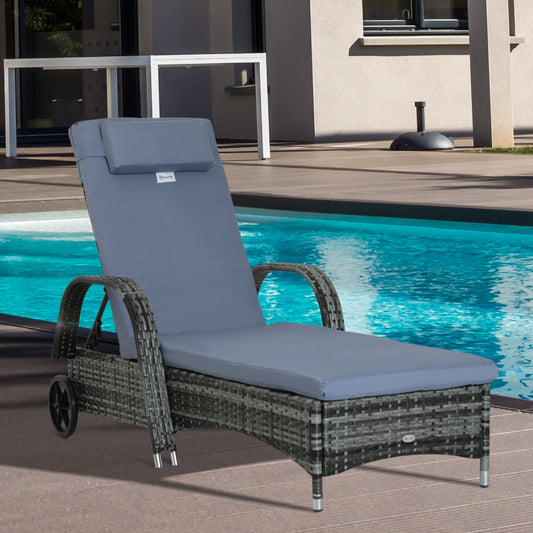 Wicker Chaise Lounge, Outdoor Lounge Chair, PE Rattan Patio Sun lounger with Head-rest, 5-Level Height Adjust Backrest, Cushion, & Wheels, Mixed Grey and Grey - Grey