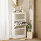 Rattan Shoe Storage Cabinet with 3 Flip Drawers and Adjustable Shelves, Entryway Shoe Cabinet for 18 Pairs, White