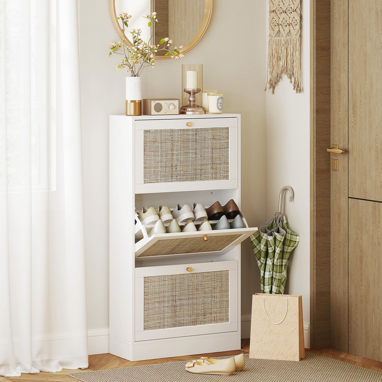 Rattan Shoe Storage Cabinet with 3 Flip Drawers and Adjustable Shelves, Entryway Shoe Cabinet for 18 Pairs, White
