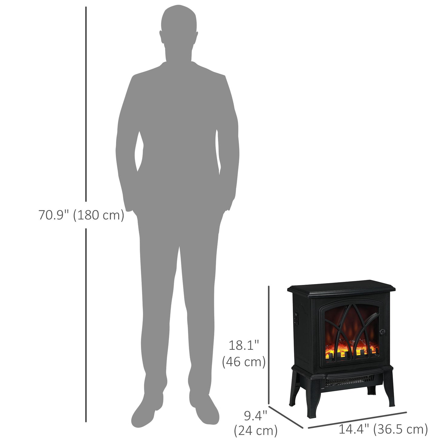 Electric Fireplace Heater, Freestanding Fireplace Stove with Realistic Flame and Overheat Protection, 750W/1500W, Black