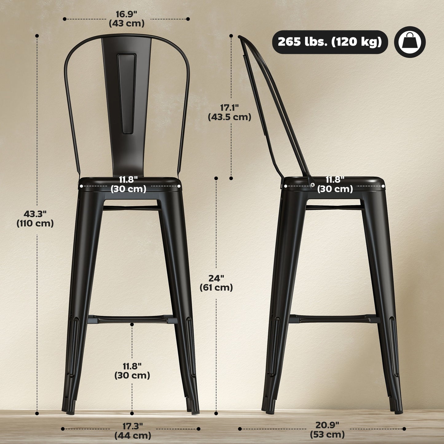 24" Set of 4 Bar Stools Kitchen Industrial Breakfast Bistro Cafe Metal Frame Black