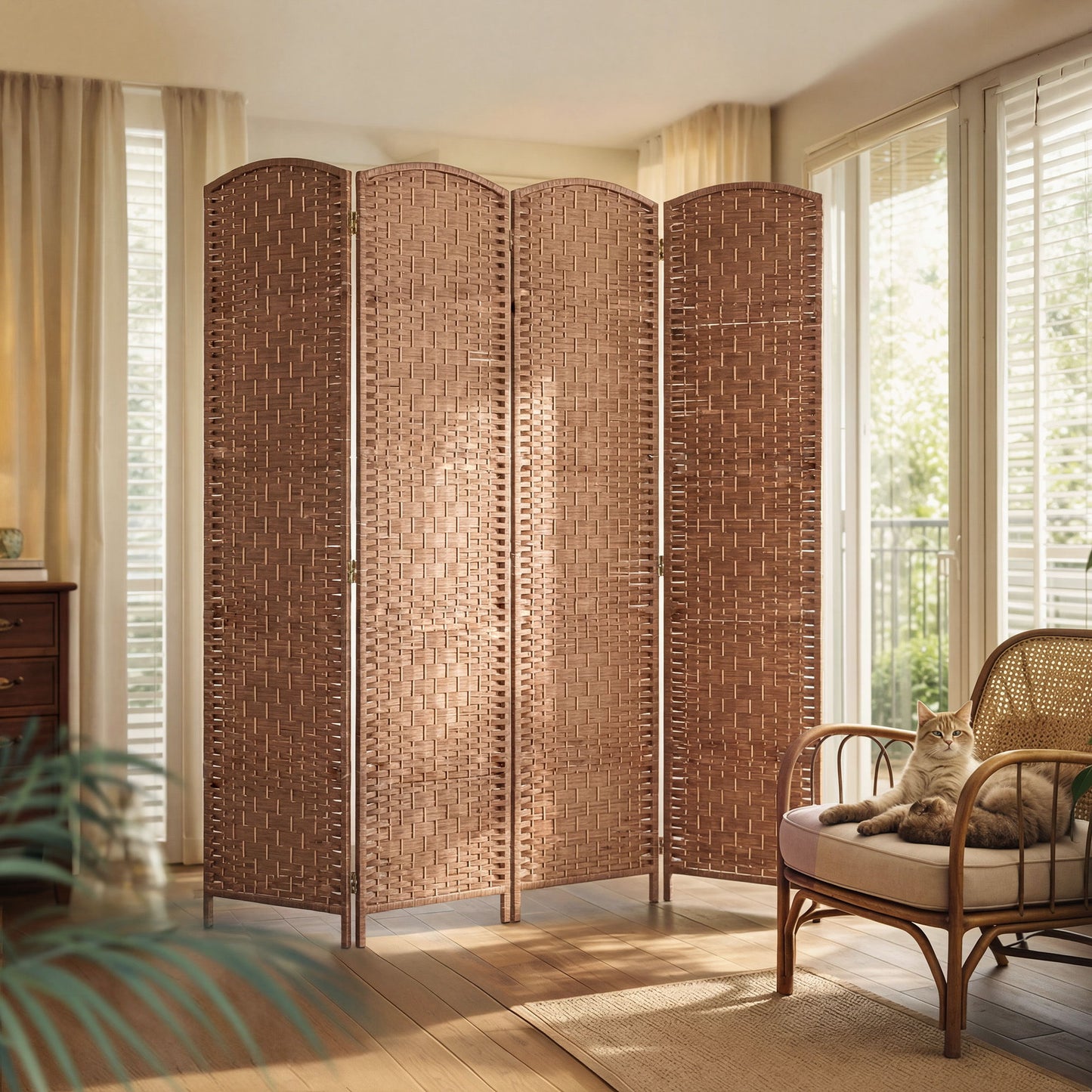 6ft Folding Room Divider, 4 Panel Wall Partition with Wooden Frame for Bedroom, Home Office, Natural