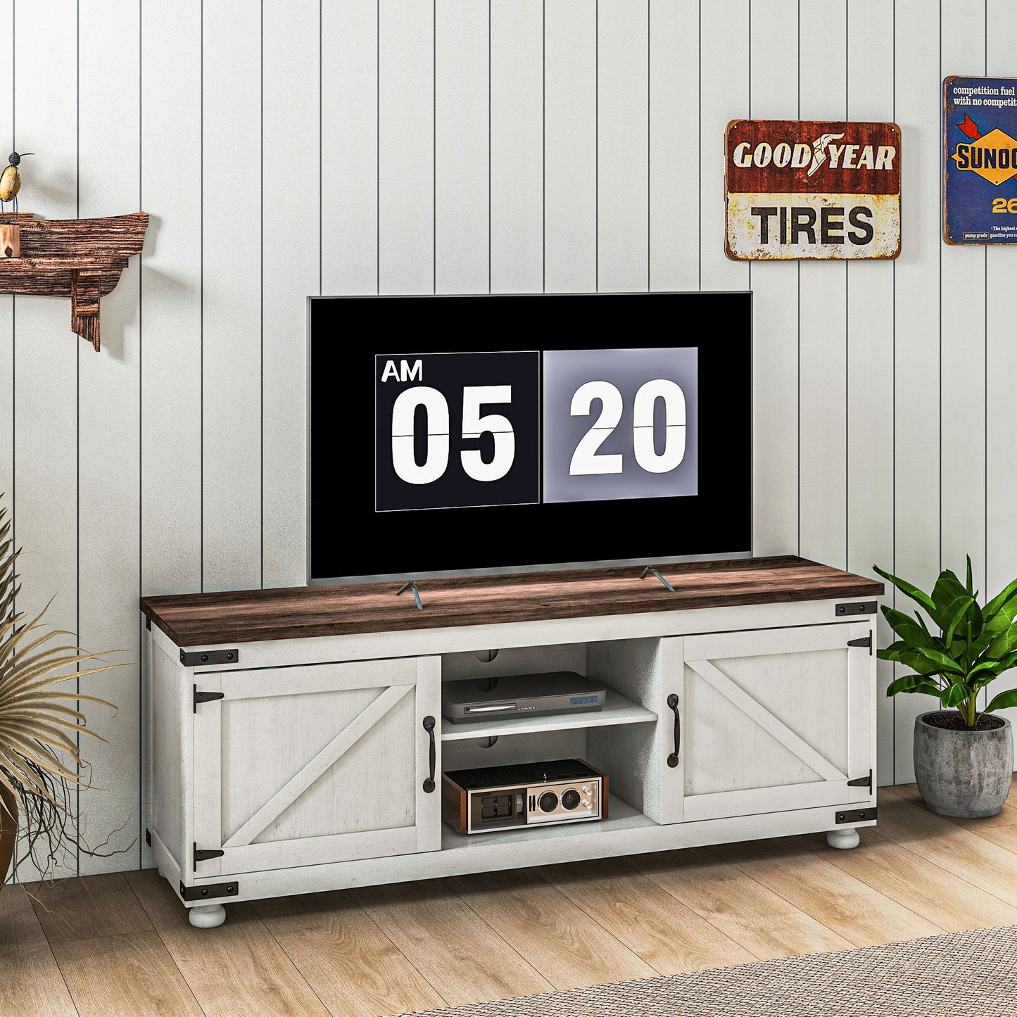 Farmhouse TV Stand Small Minimalist Barn Doors Cable Management for 65" TV Small Space Apartment Distressed White