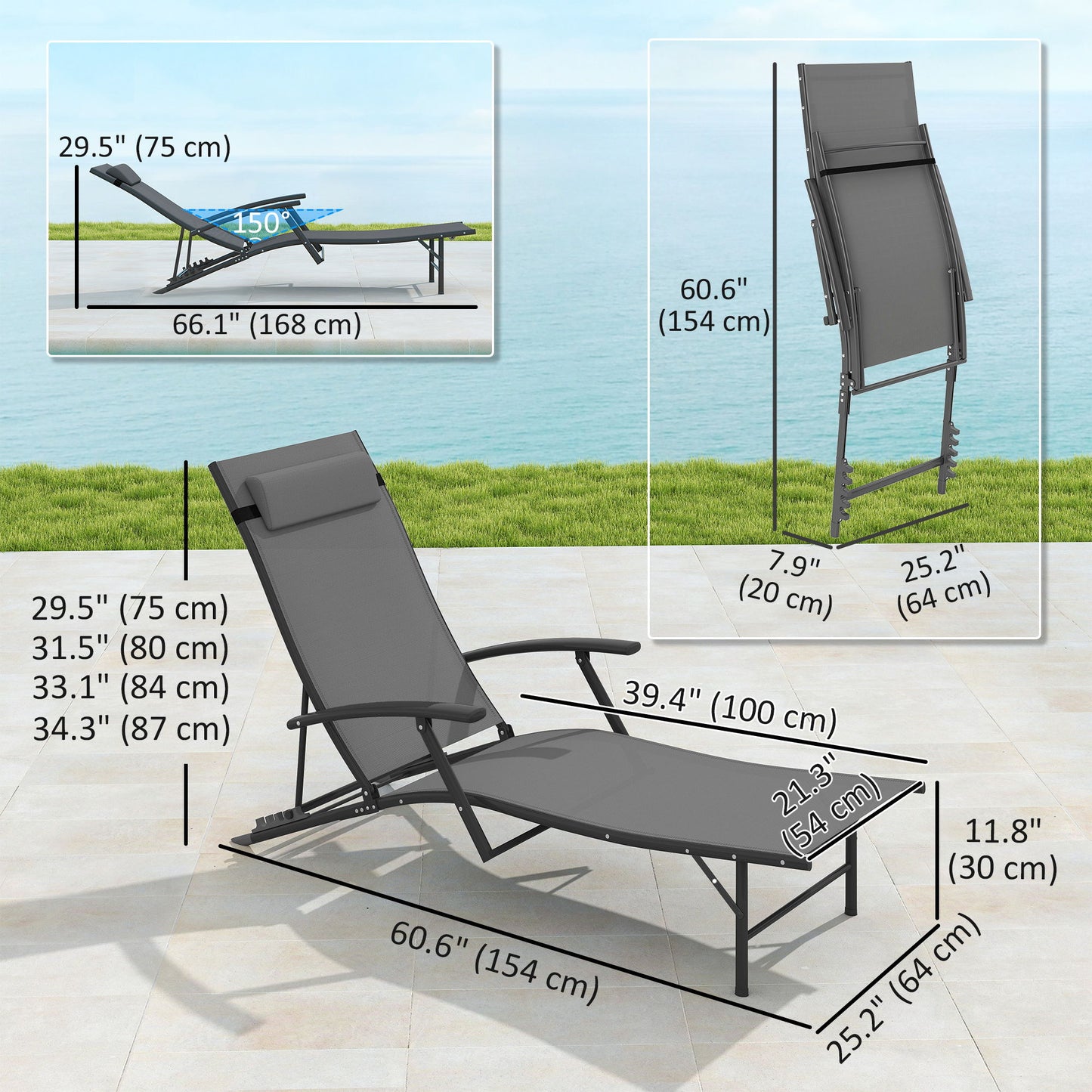 Set of 2 Chaise Lounge Chairs, Folding Tanning Chair with Pillow, Outdoor Sun Lounger for Patio, Garden, Beach, Grey